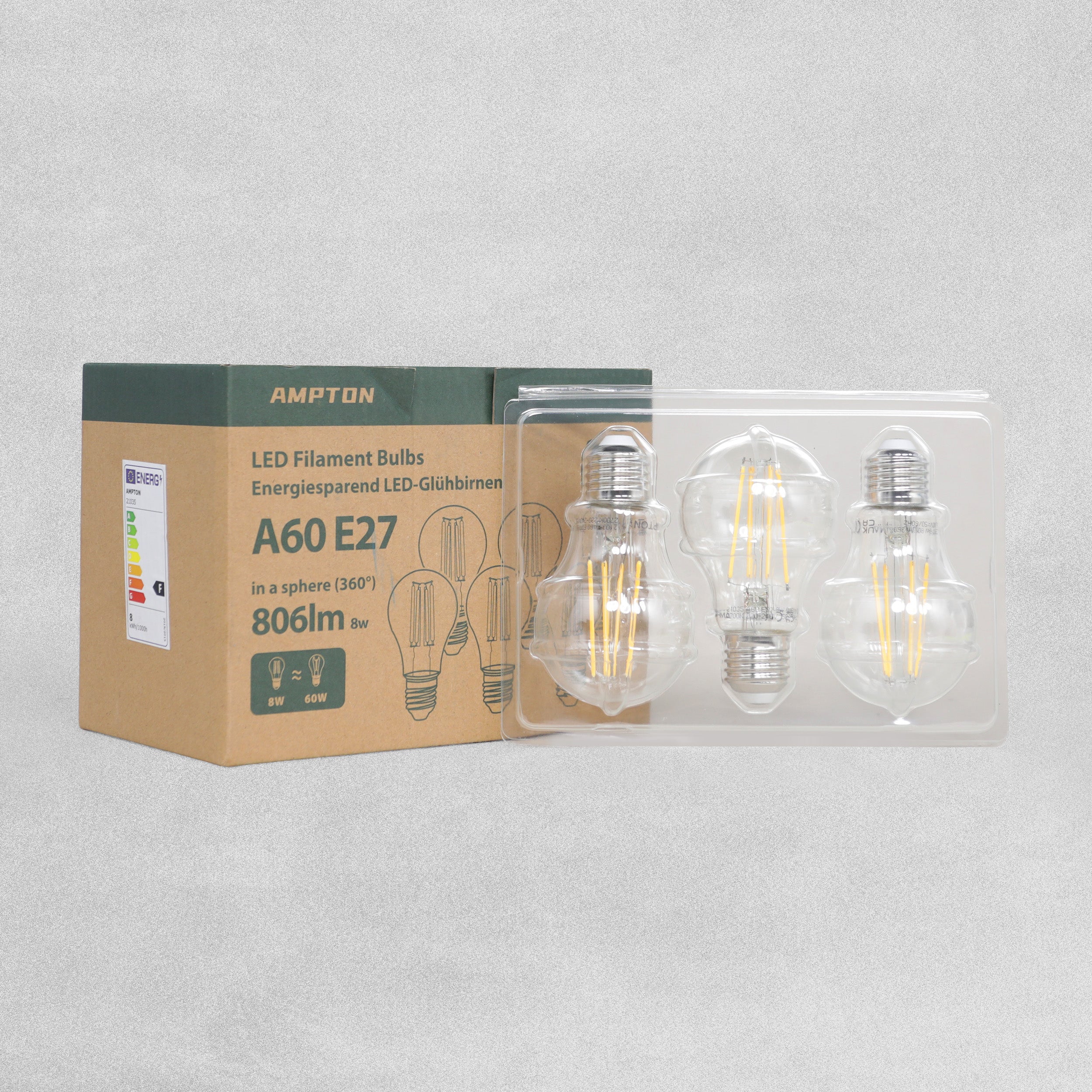 Ampton A60 E27 60W LED Filament Bulbs 806 Lumens - Pack of 6 screw in light bulbs