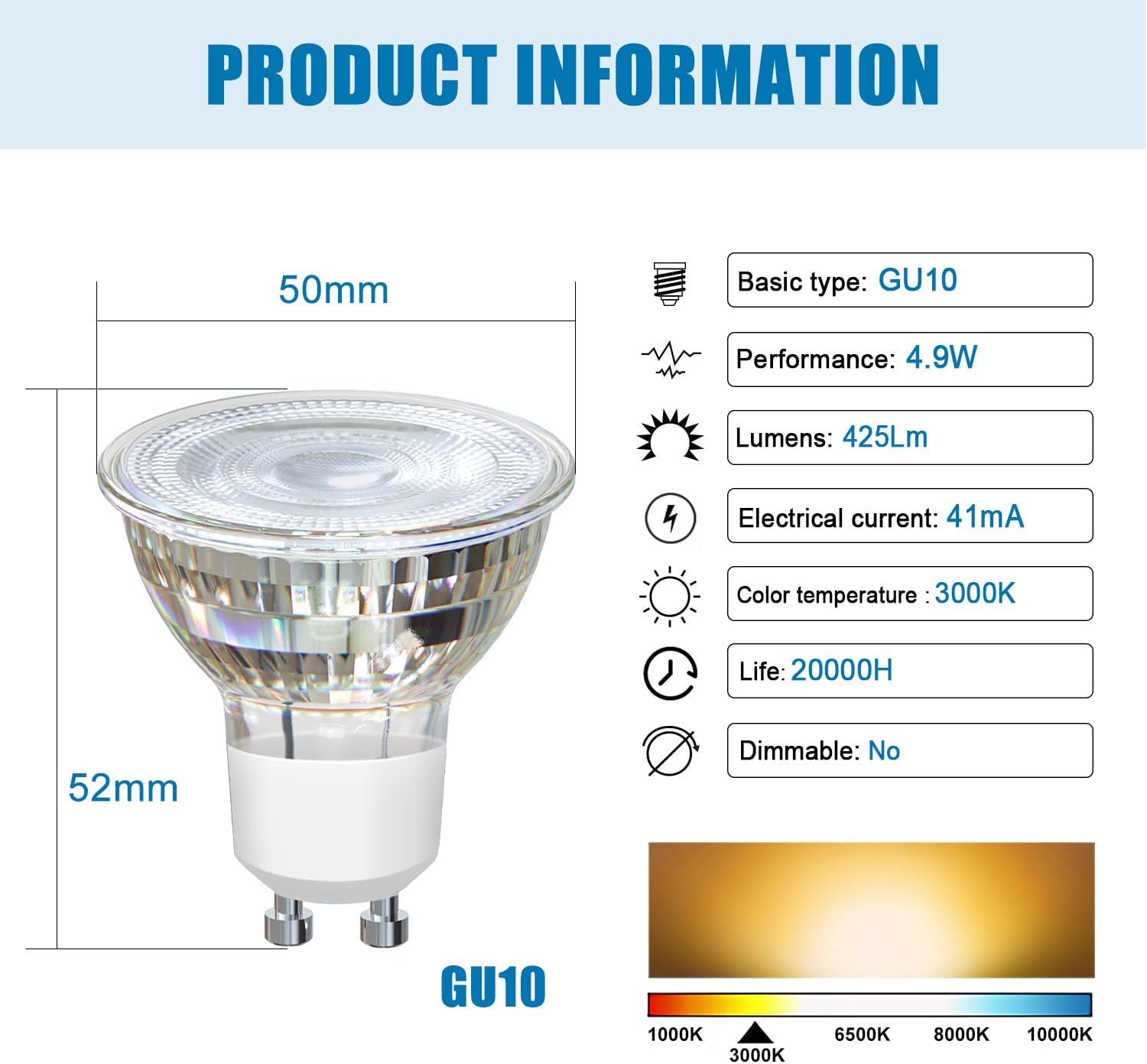 ExtraStar 4.9w GU10 Light Bulb 425 Lumen 3000K Warm Light