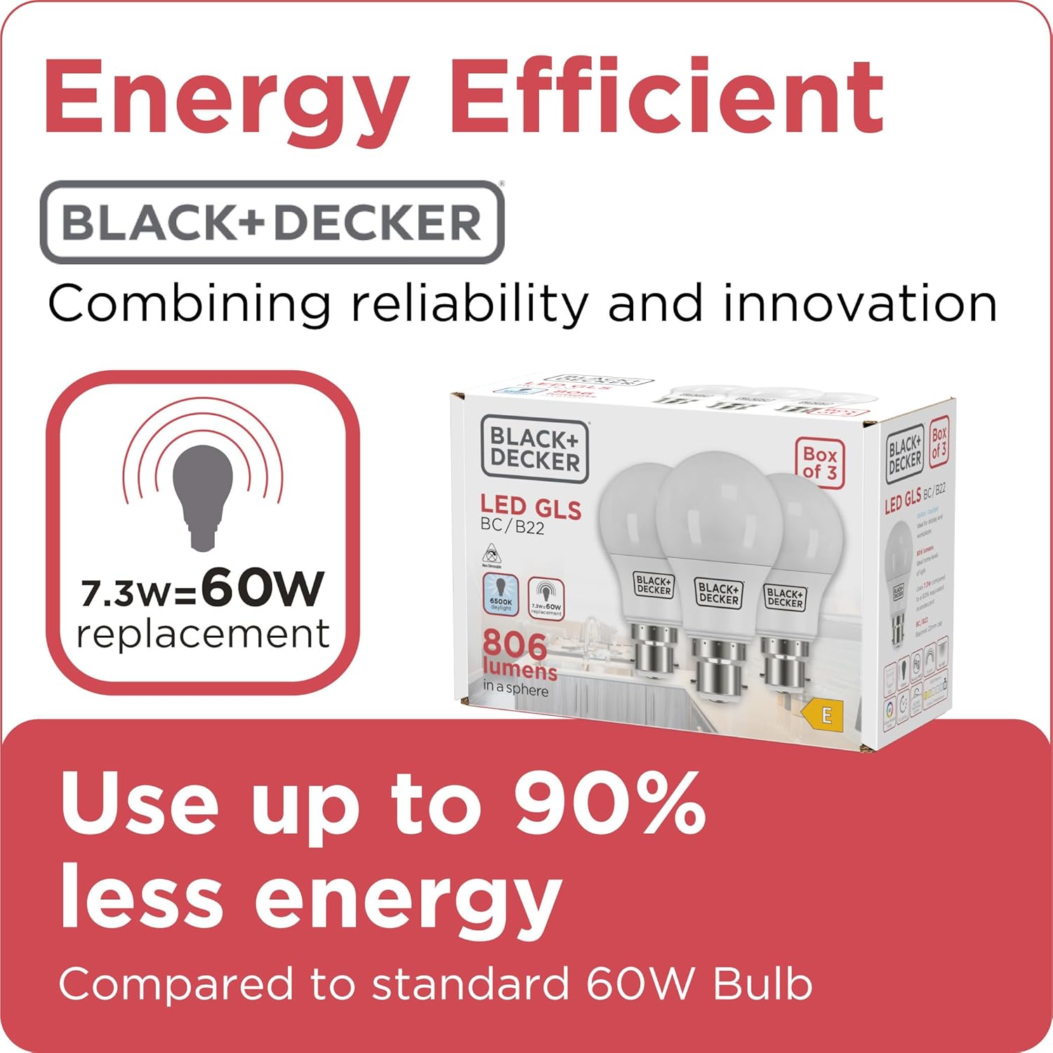 Black & Decker LED GLS Lightbulbs Pack of 3 Light Bulbs 7.3W B22