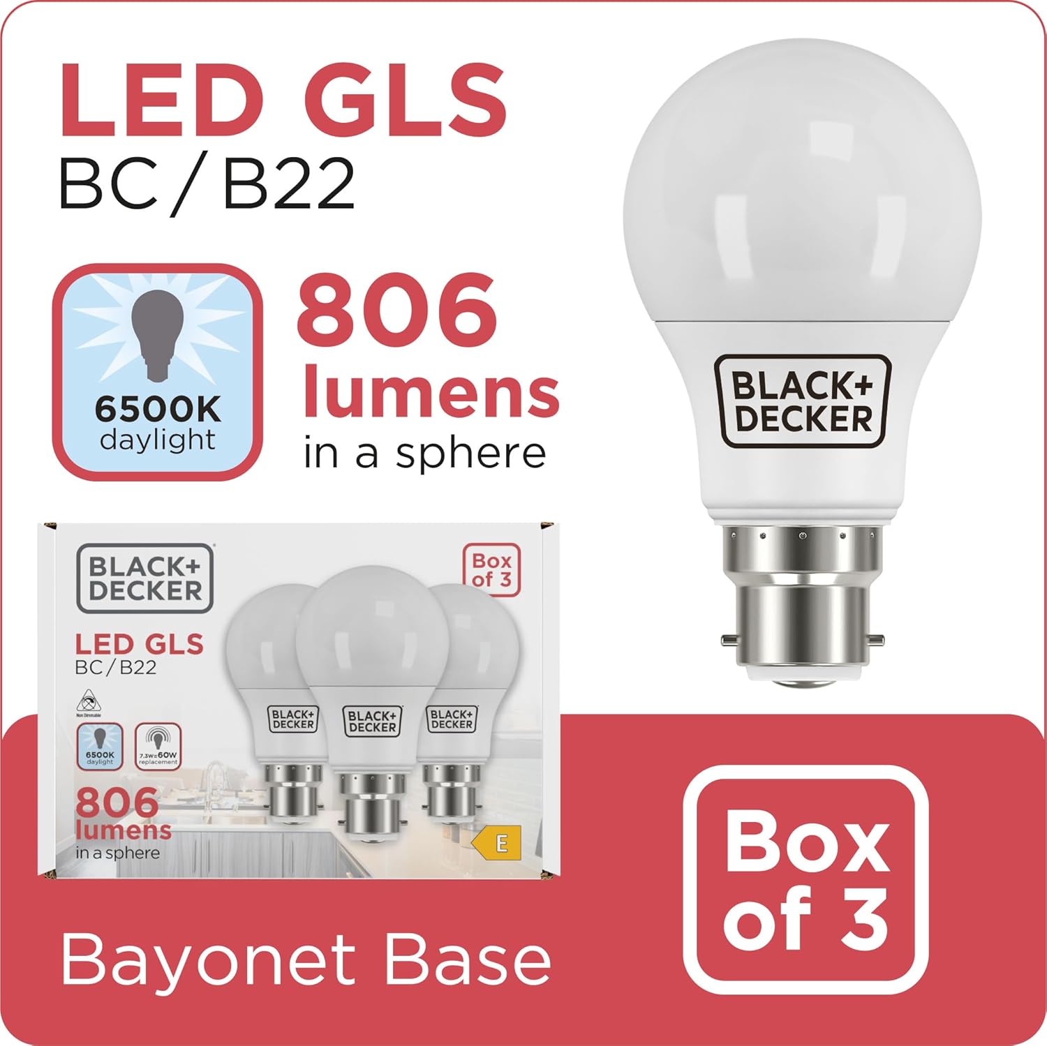 Black & Decker LED GLS Lightbulbs Pack of 3 Light Bulbs 7.3W B22