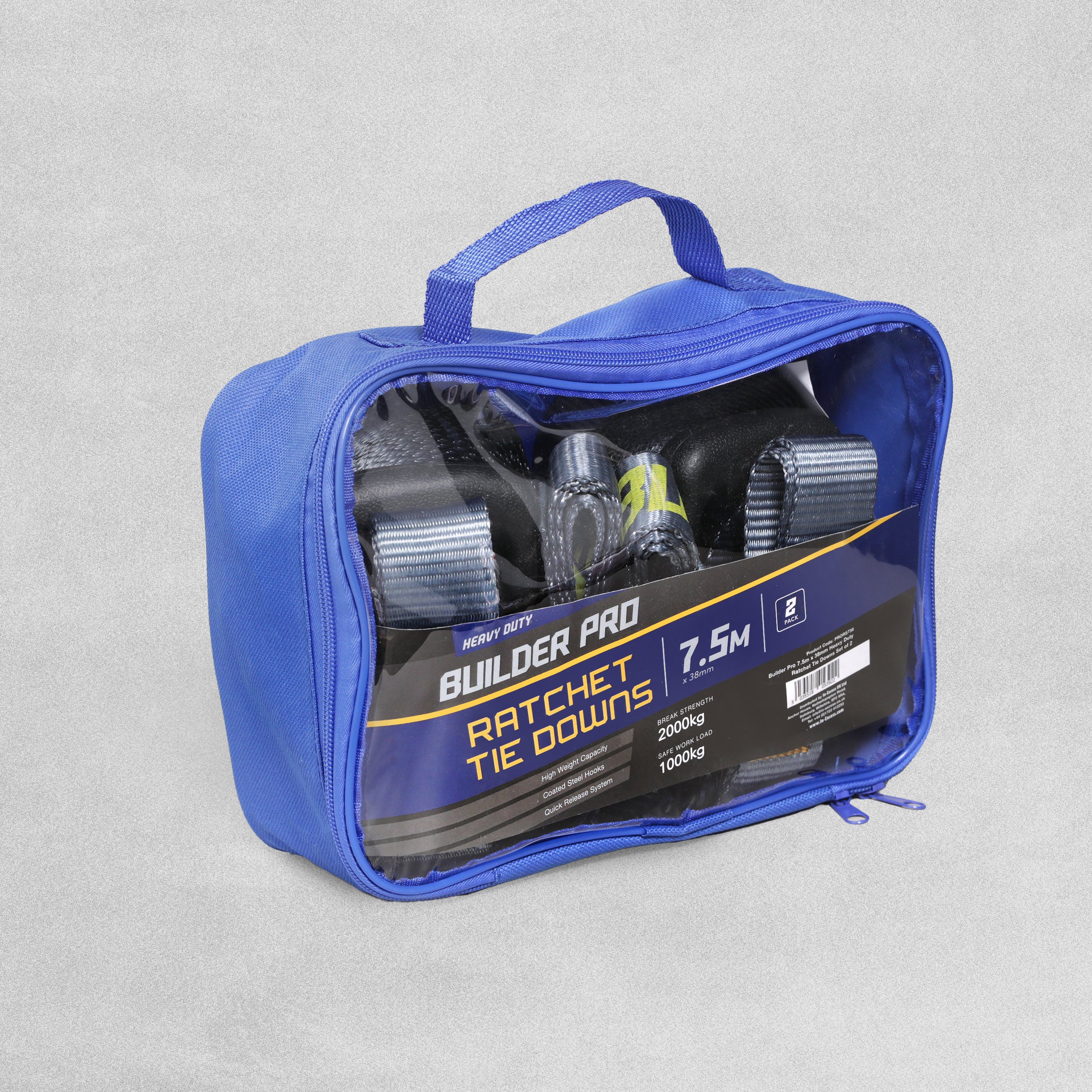 Builder Pro Heavy Duty Ratchet Tie Downs - 2pcs - 7.5m x 38mm