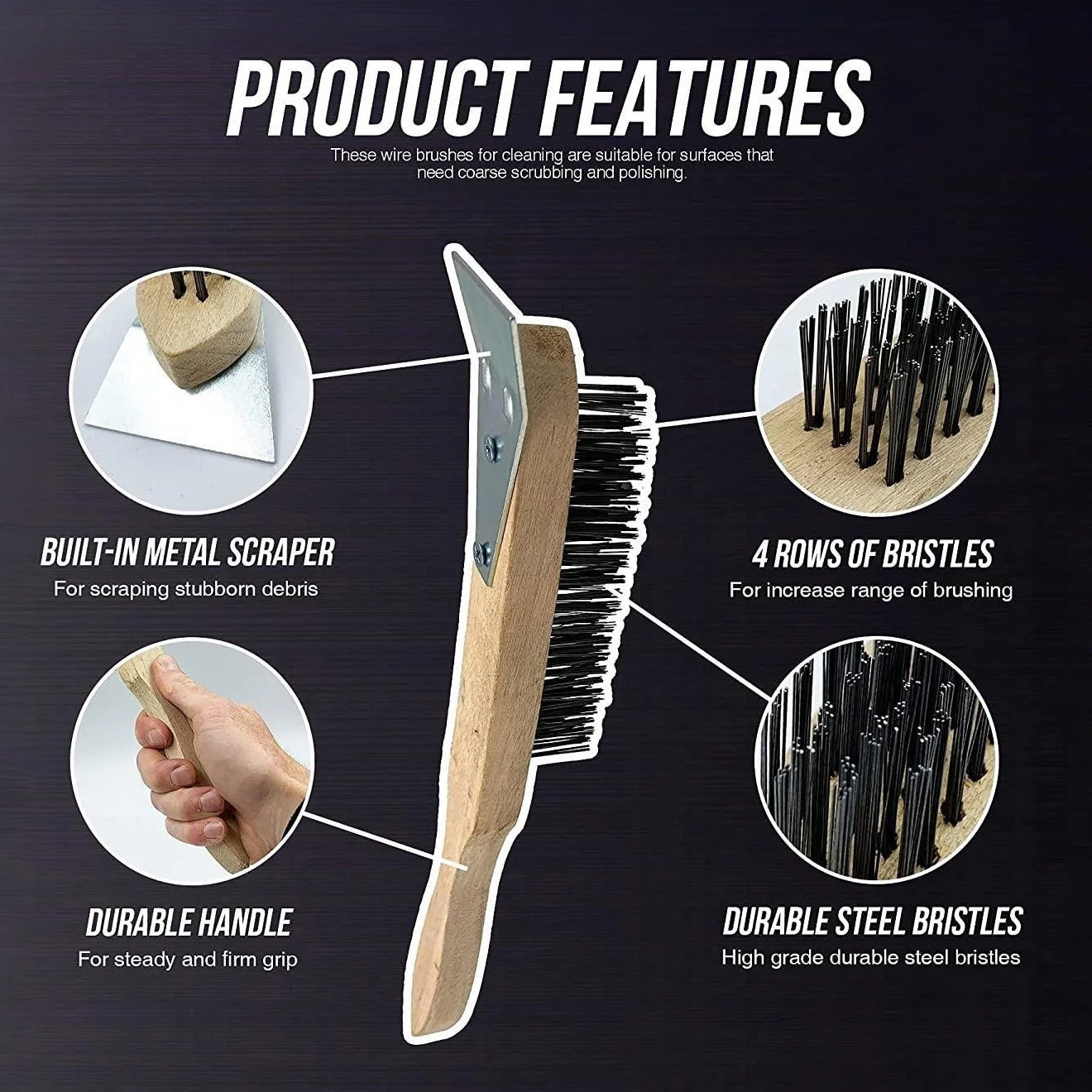 Rolson Wire Brush 4 Row Wooden Handle with Scraper