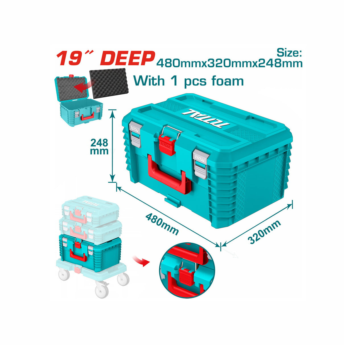 Total 19" Stackable Plastic Tool Box - 48cm x 32cm x 25cm - TPBXS103