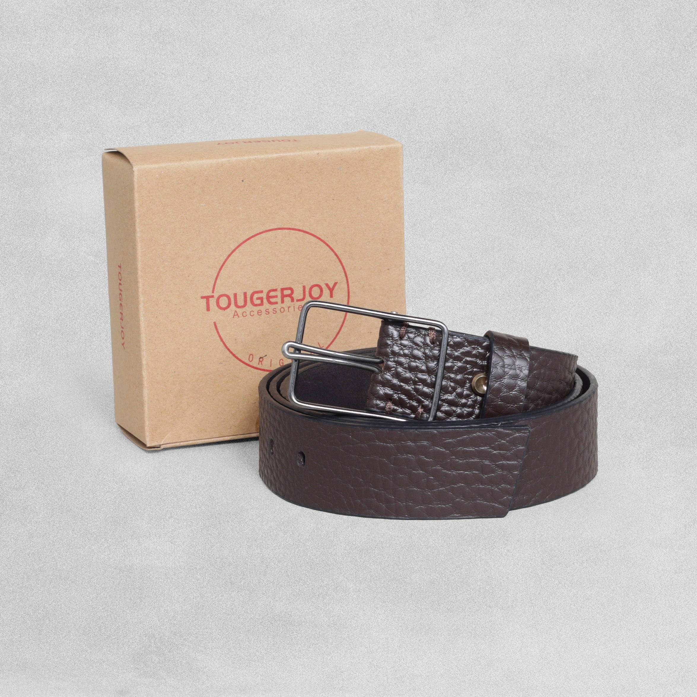 Tougerjoy Real Leather Mens Belt - Pebbled Textured Brown