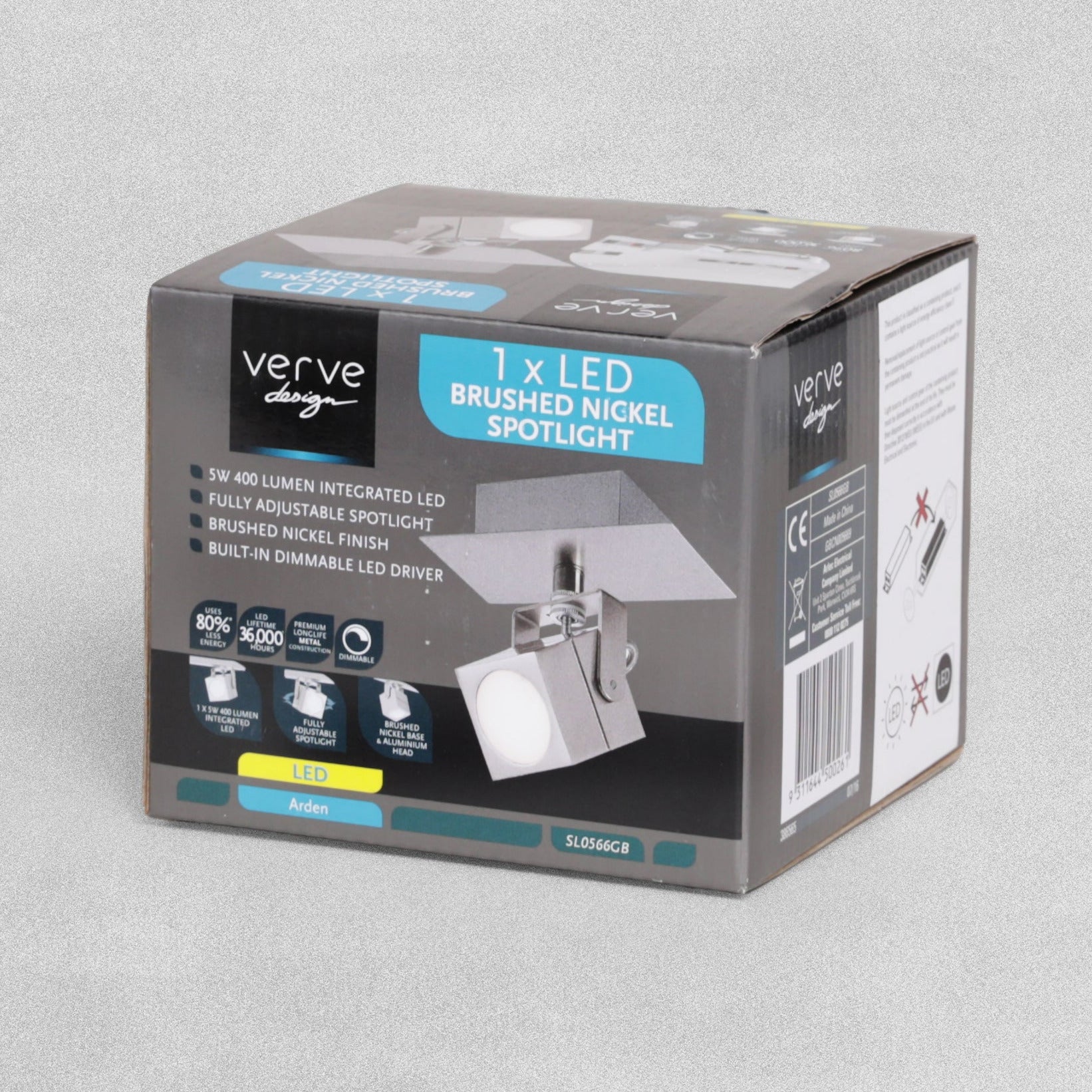 Box packaging of a LED spotlight with 'verve design' branding on a gray background