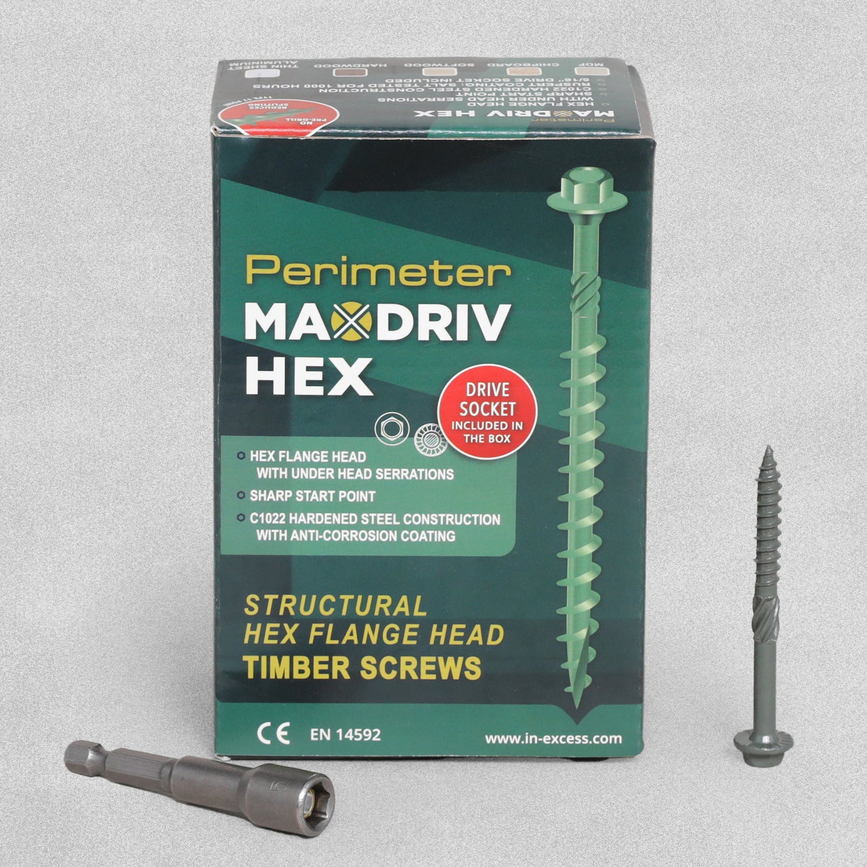 Perimeter Max-Driv HEX structural hex flange head timber screws with packaging on a gray background