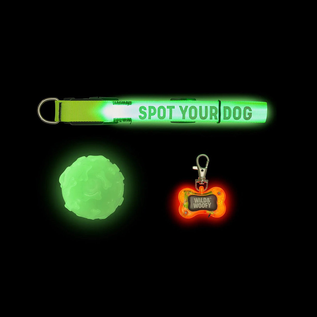Core Supply Glow in The Dark Dog Walking Kit - Light Up Collar and Tag and Glow in the Dark Ball.