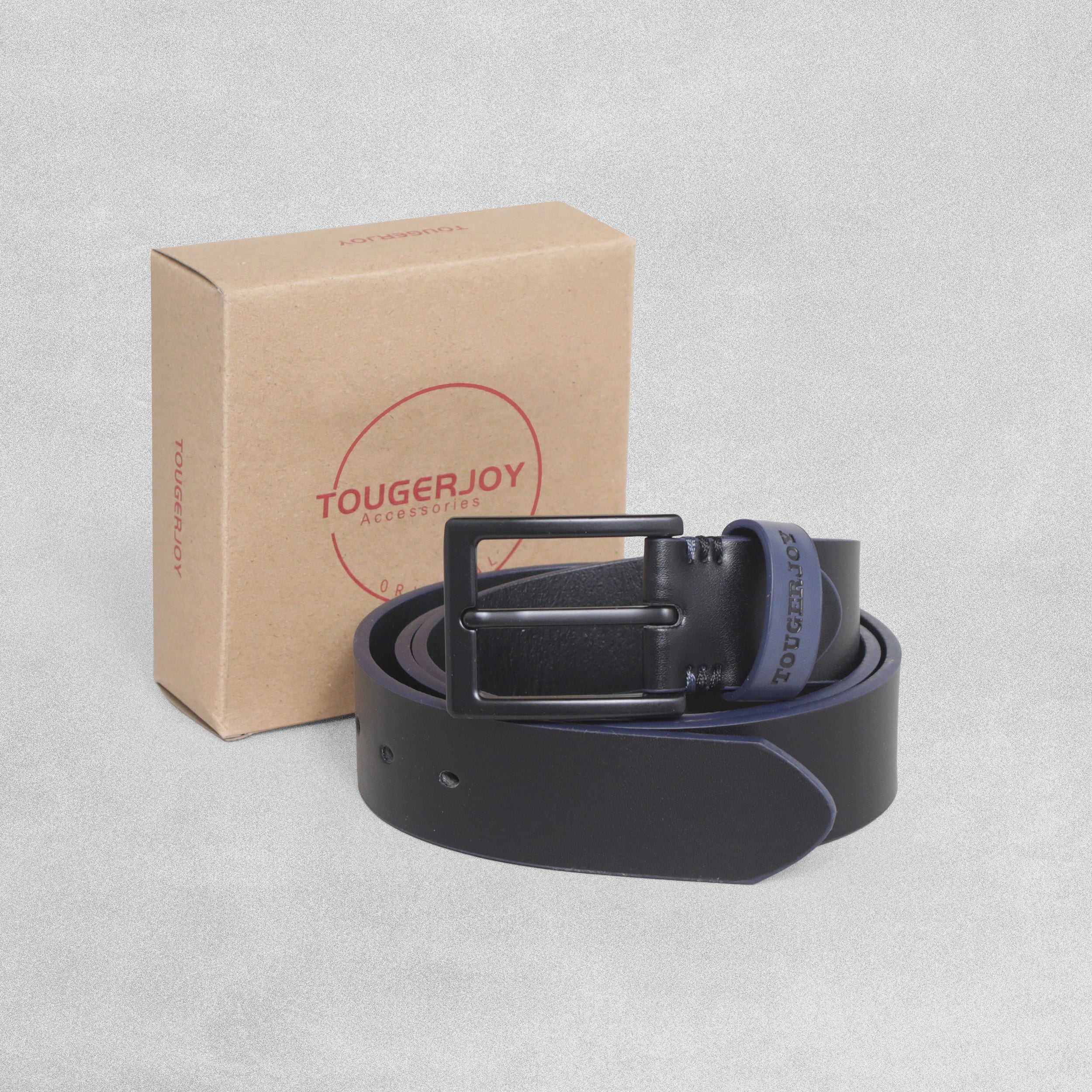 Tougerjoy Real Black Leather Mens Belt - Blue Edging
