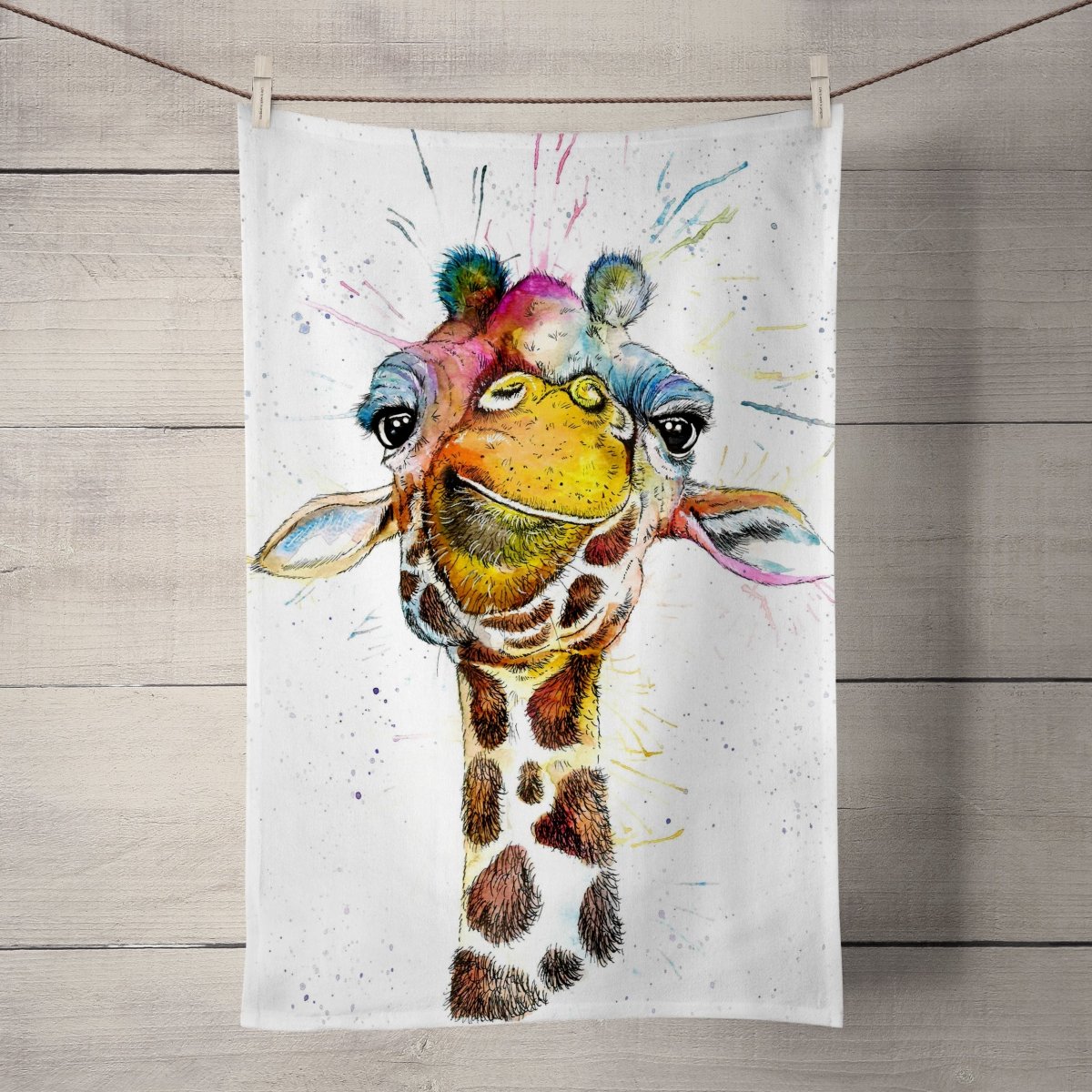 Wraptious Cotton Tea Towel - Splatter Rainbow Giraffe Design