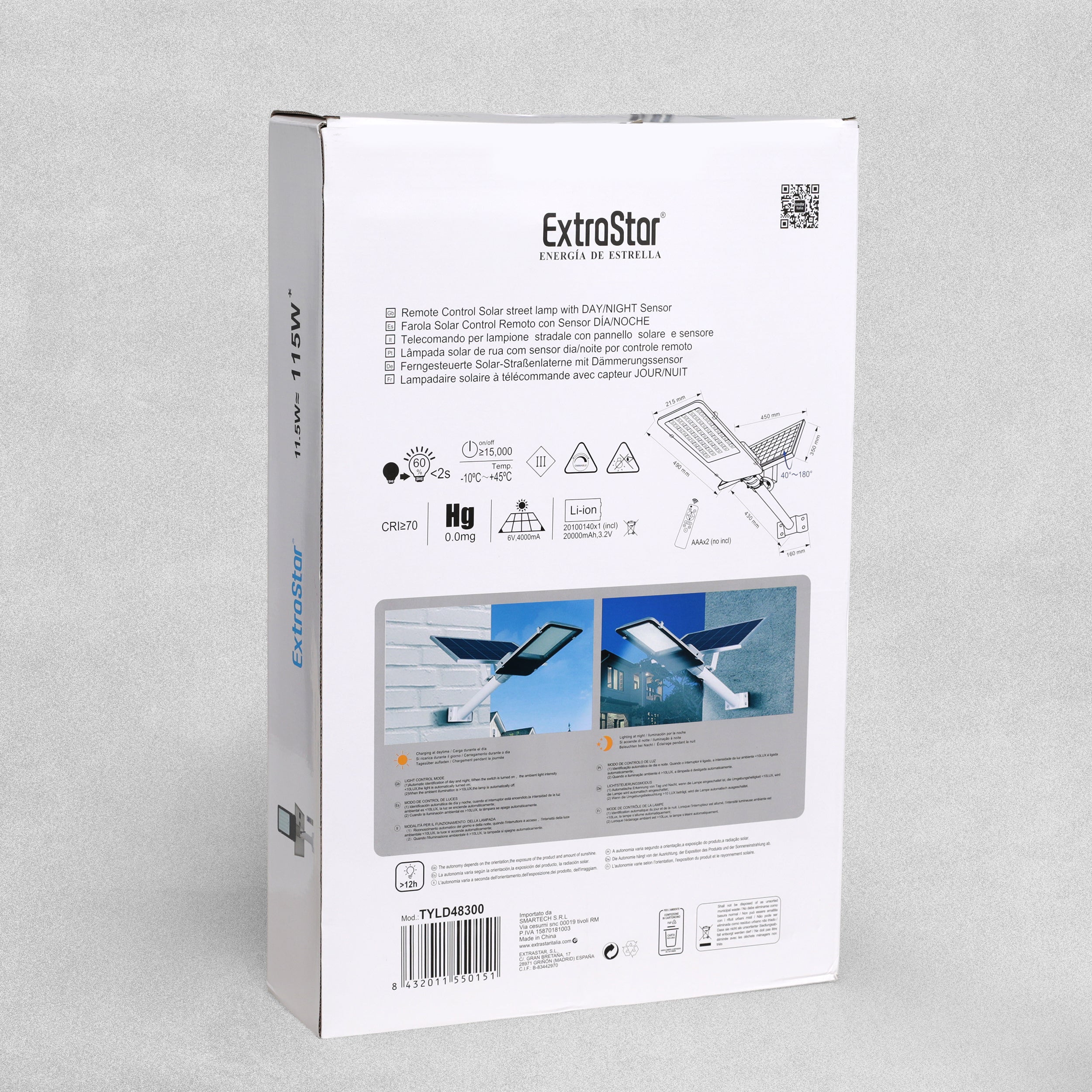 ExtraStar Remote Control Solar Street Lamp 6500k LED 115 W 1400 Lumen Cold Light Day/Night Sensor
