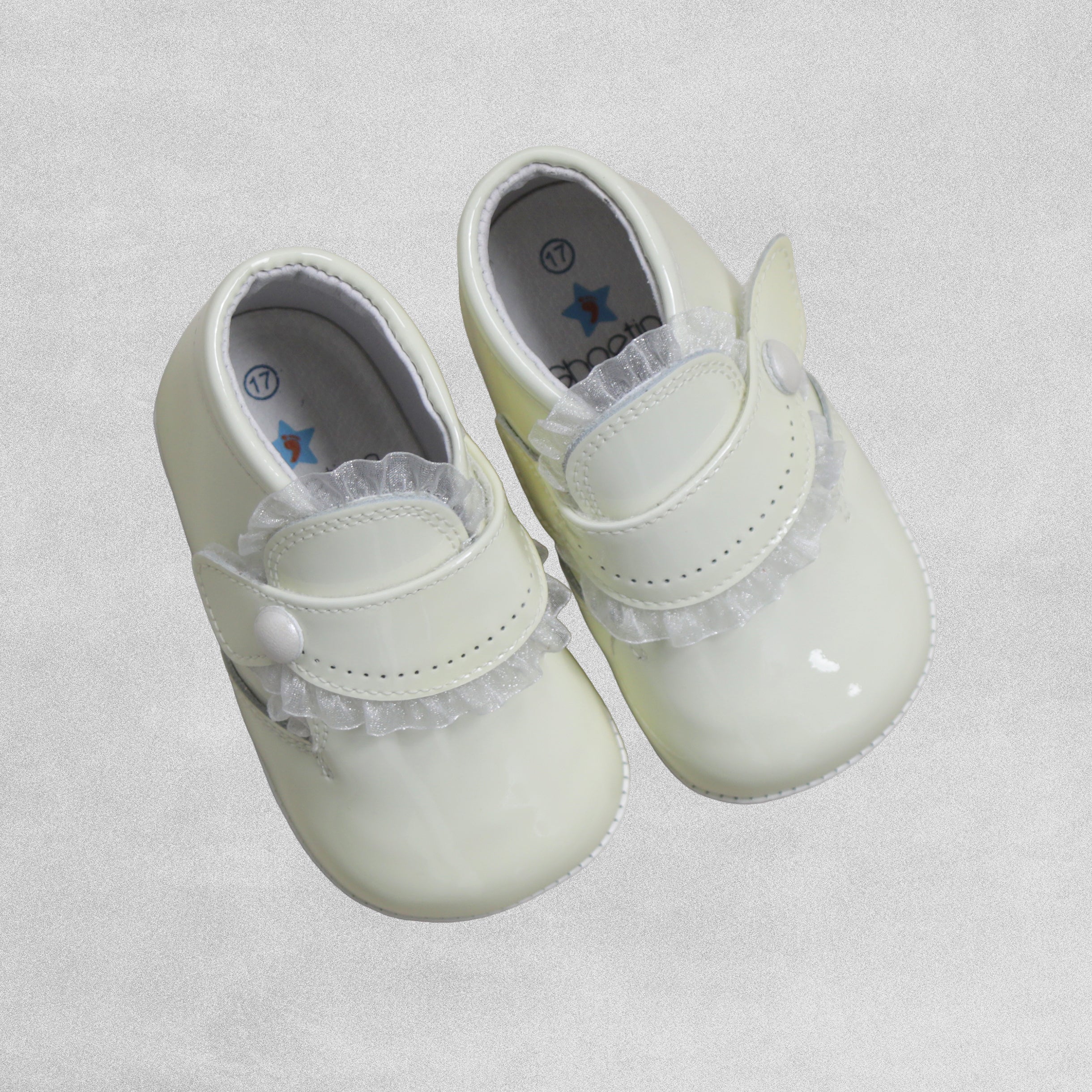 Shoeting Stars Cream Patent Leather Bootie with Frill detail