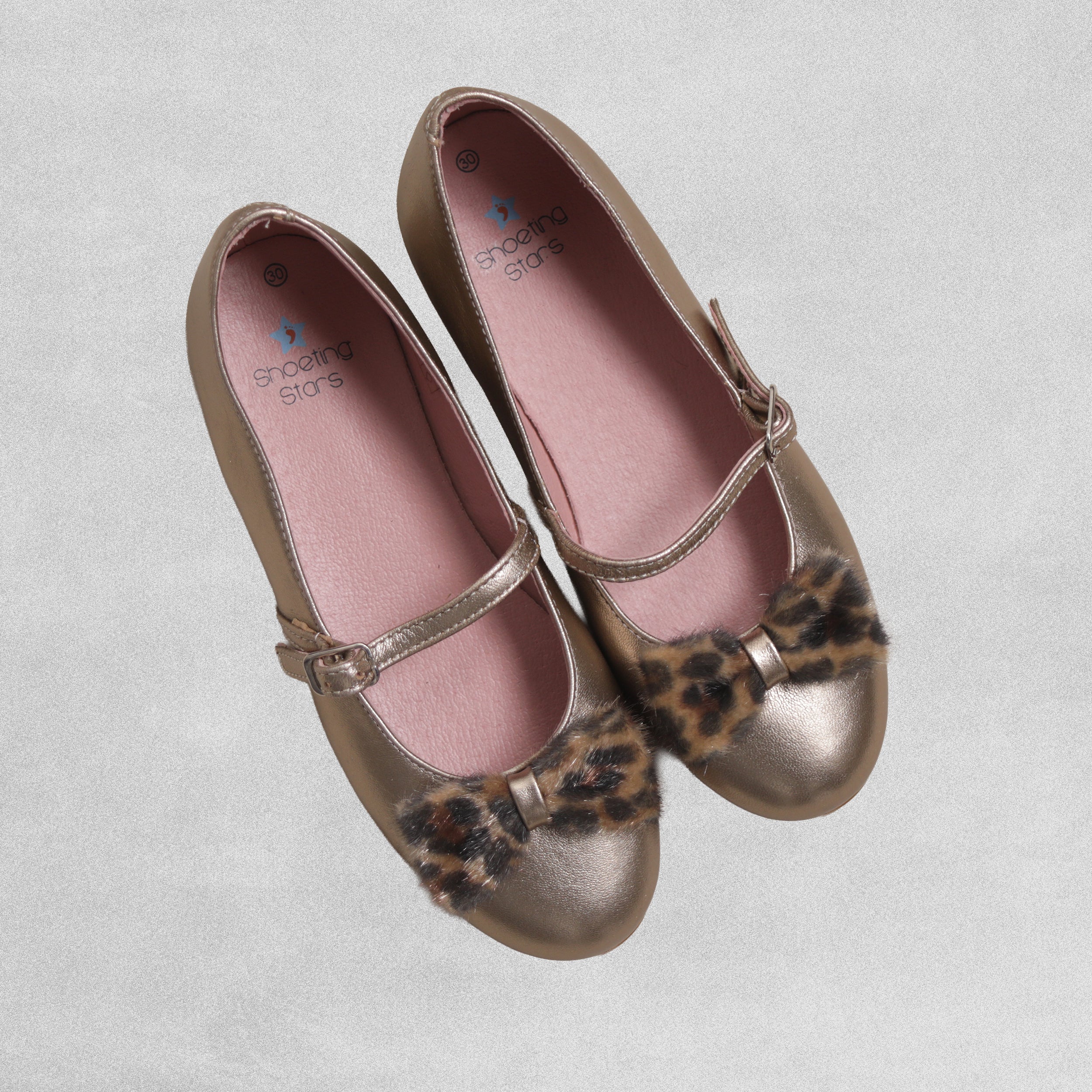 Shoeting Stars Gold Leather Shoes with Buckle strap and Leopard Print Bow