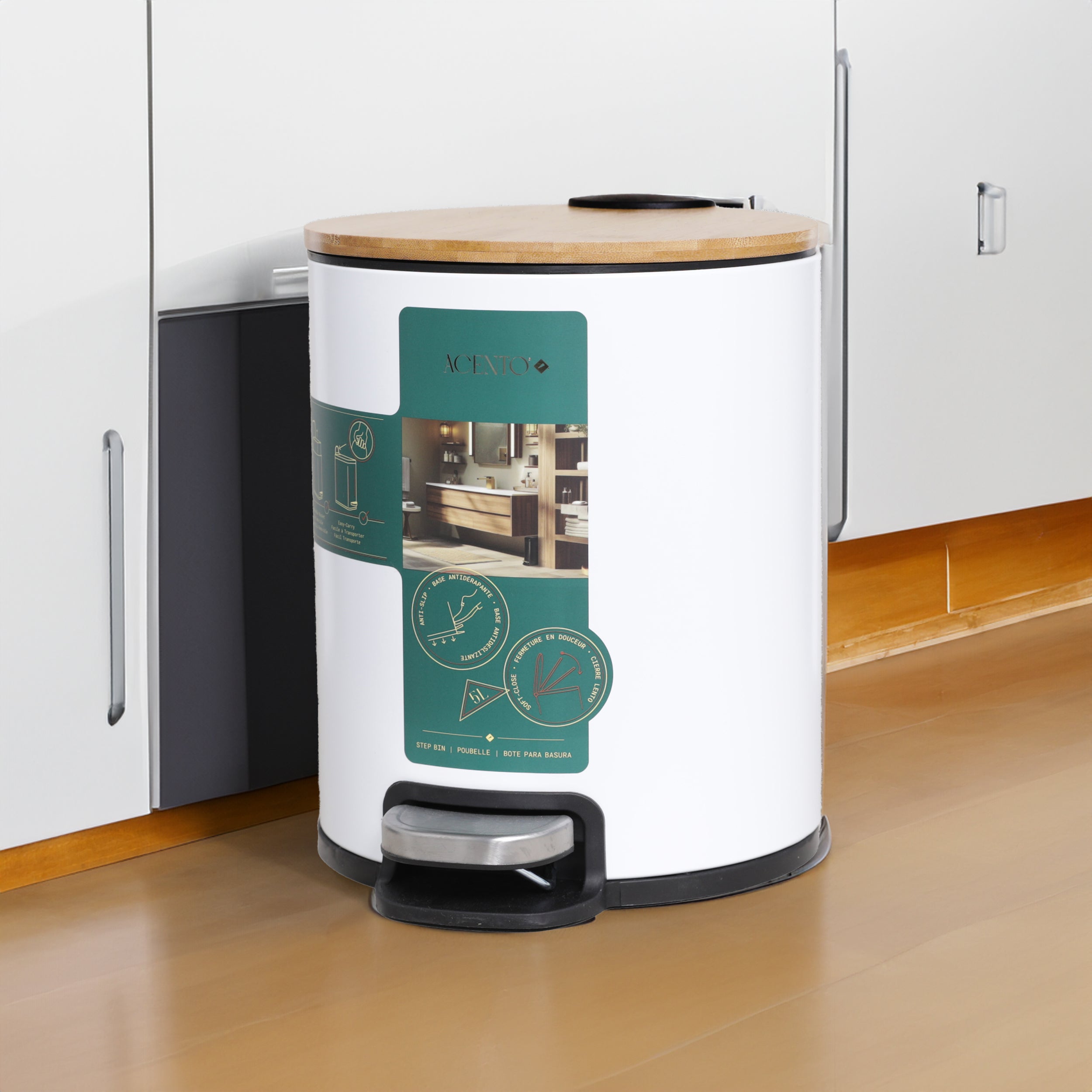 MooreField Soft Close Step Bin - round with wooden top