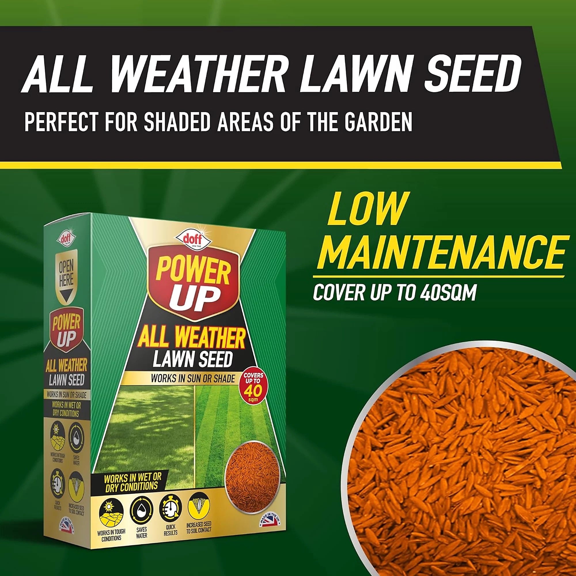 Doff Power Up All Weather Grass Seed 40sqm - 1kg