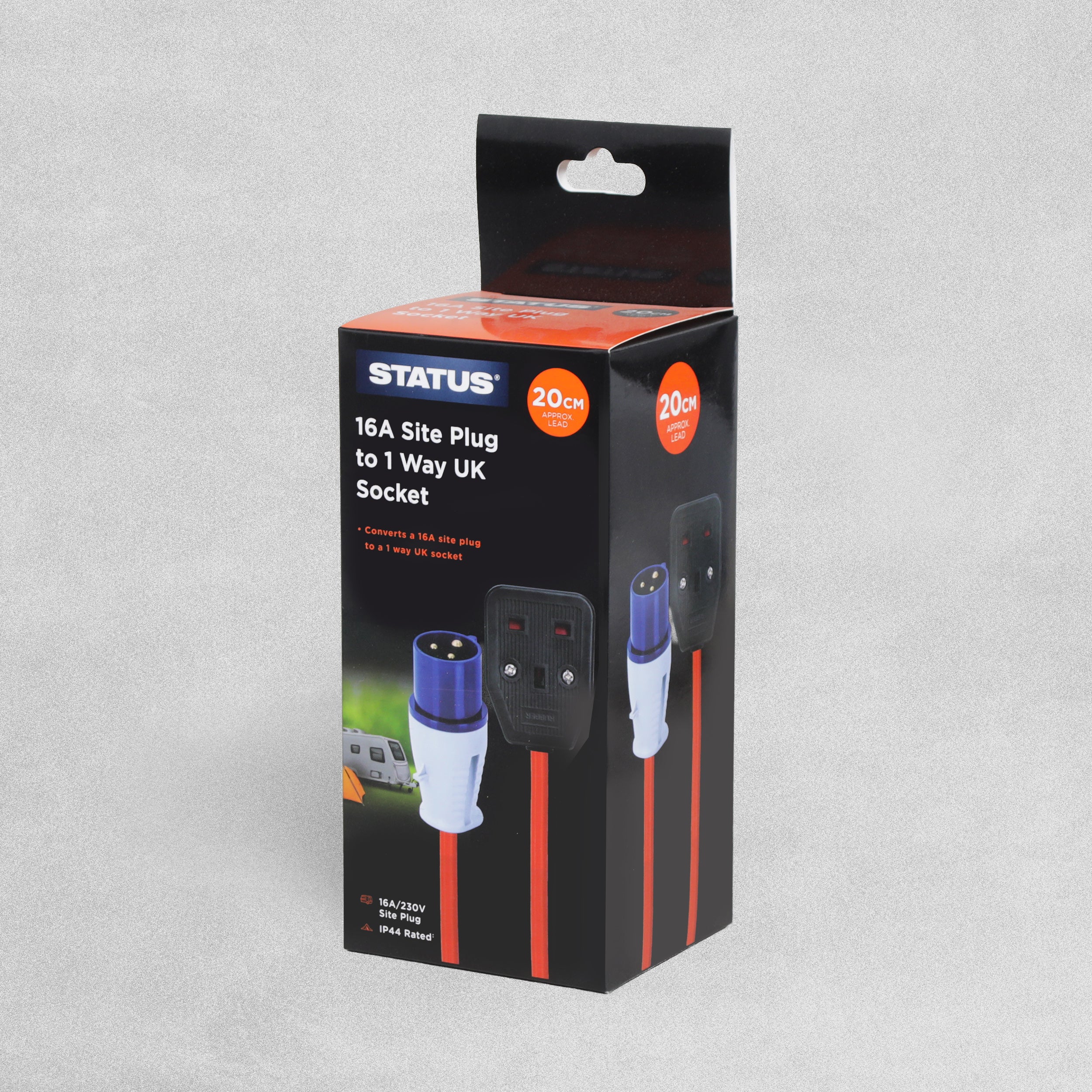 Status Mains Round 3 Pin Hook Up Lead UK Plug to 16A Site Plug to 1 Way UK Socket. Approx 20cm Lead