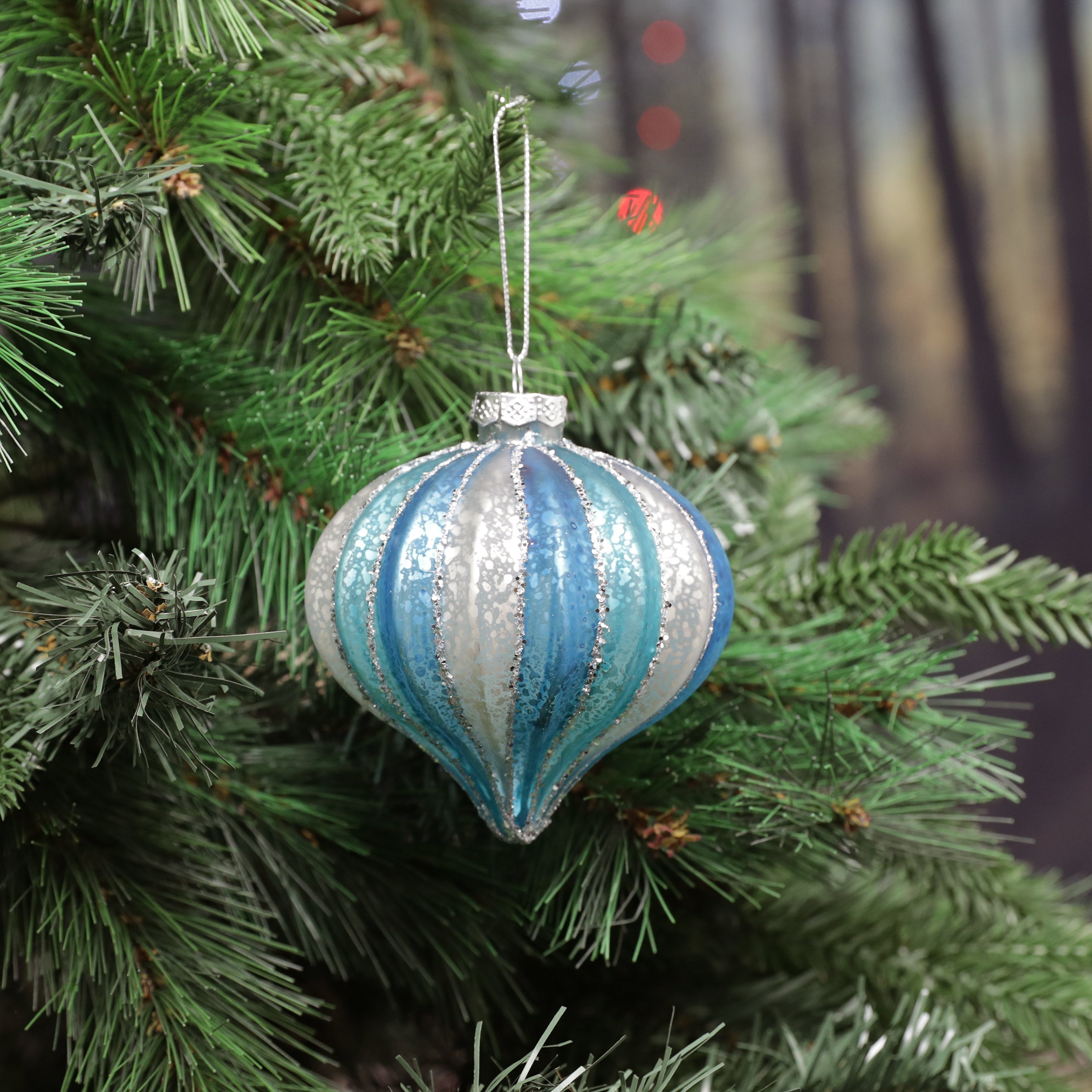 Festive Silver/Navy Glass Segment Bauble 10cm