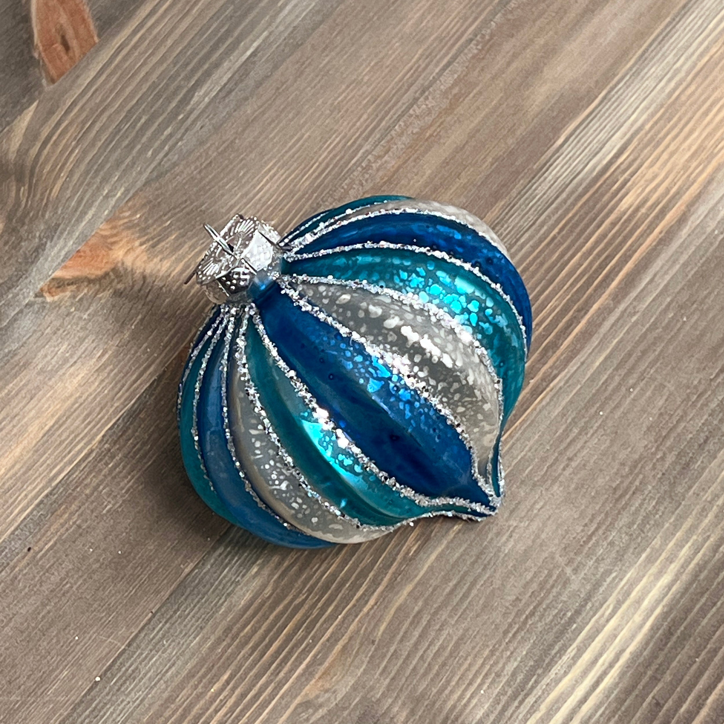 Festive Silver/Navy Glass Segment Bauble 10cm