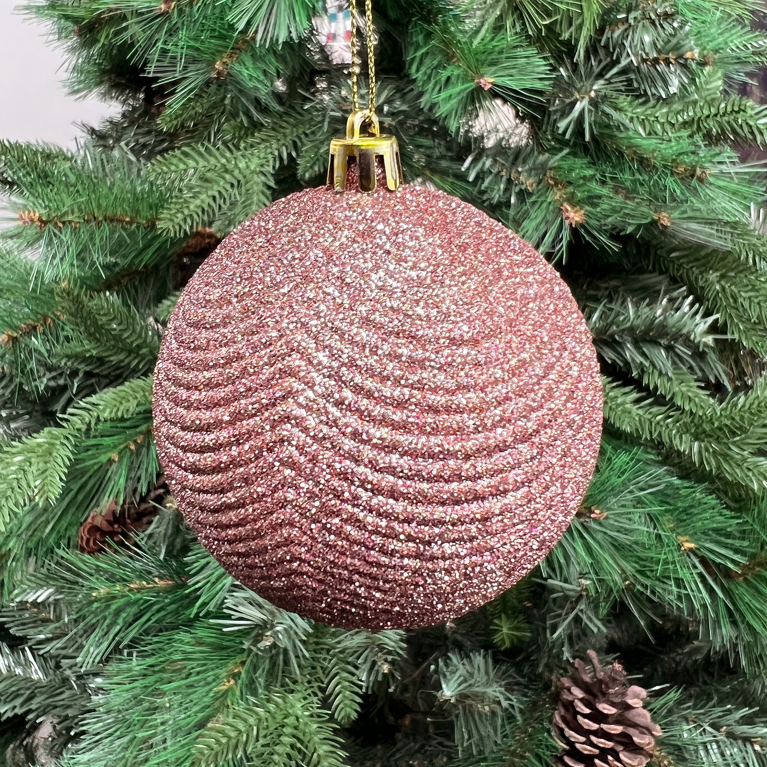 Festive Rose Gold Glitter Line Ball - 8cm