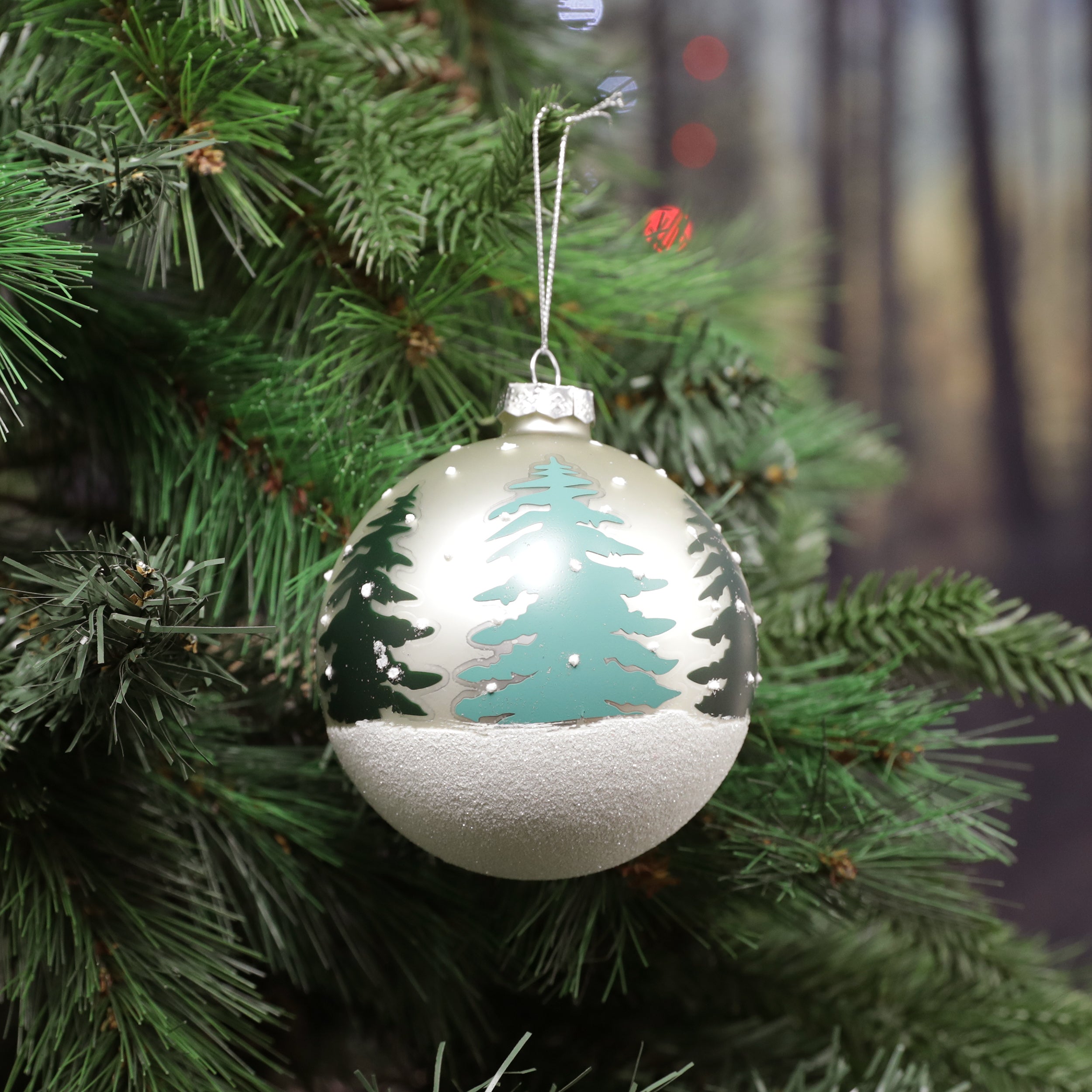 Festive Pearl White Glass Ball with Tree - 10cm