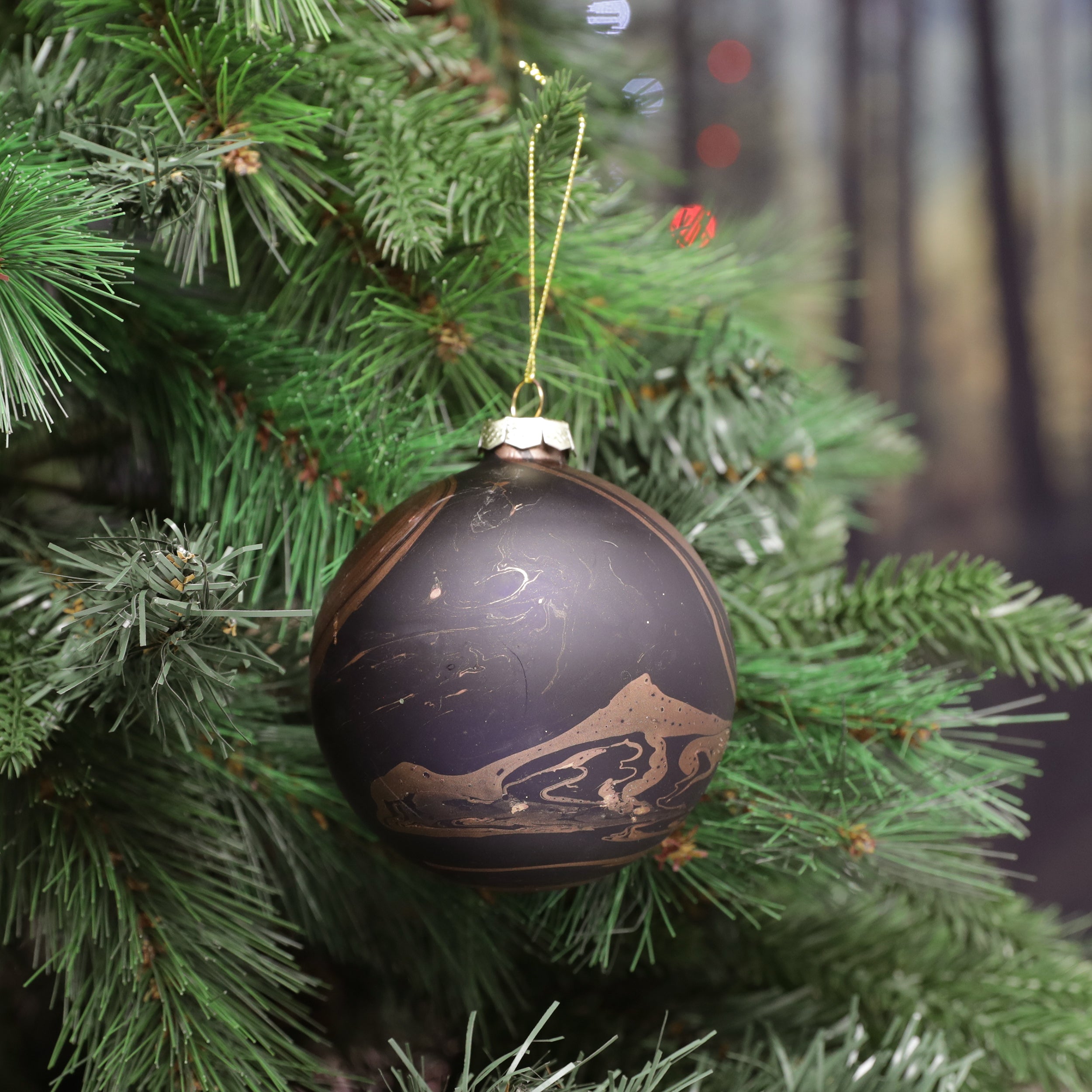 Festive Dark Blue/Gold Swirl Glass Ball - 10cm