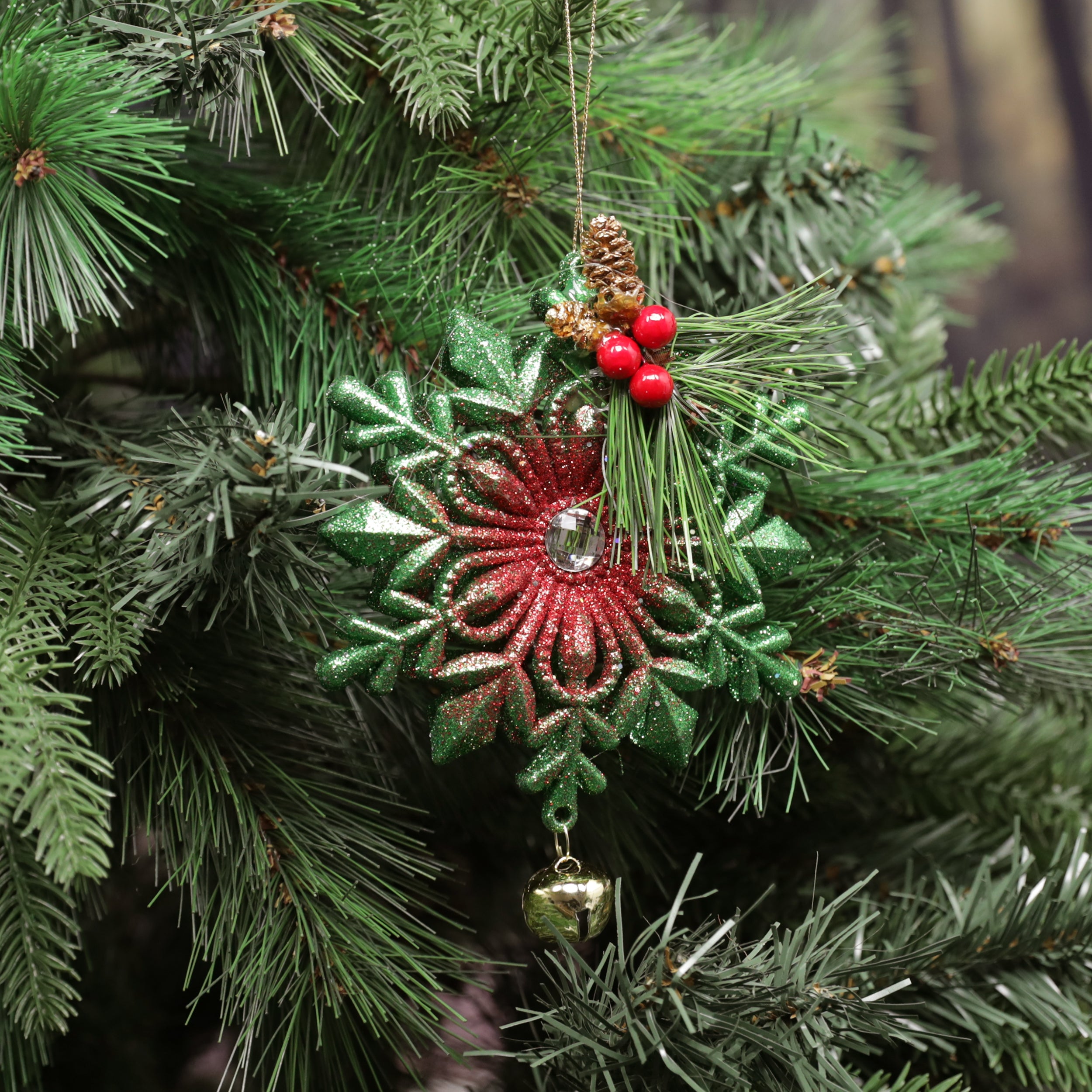 Festive Hanging Green Glitter Snowflake 17cm