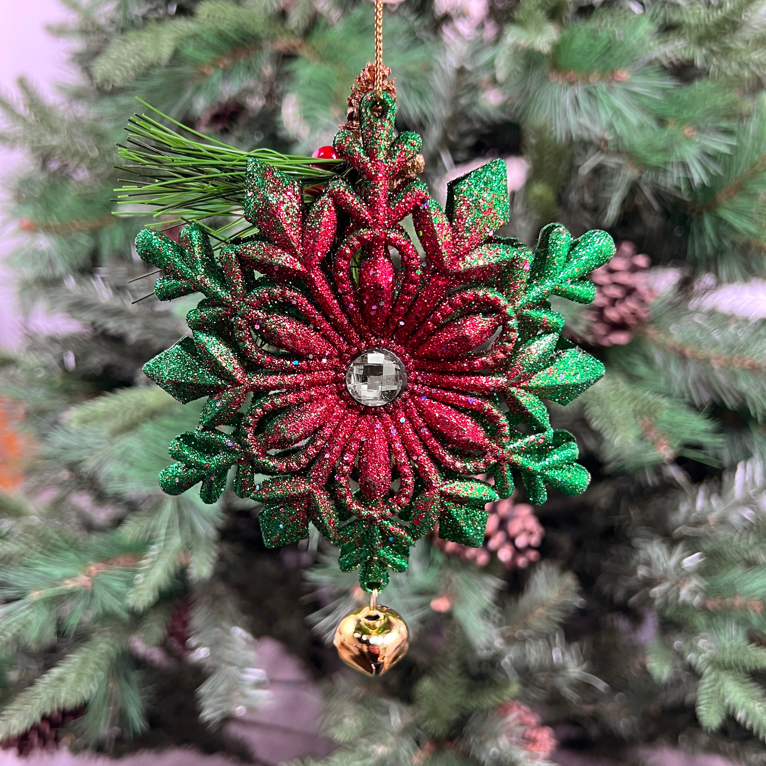 Festive Hanging Green Glitter Snowflake - 17cm