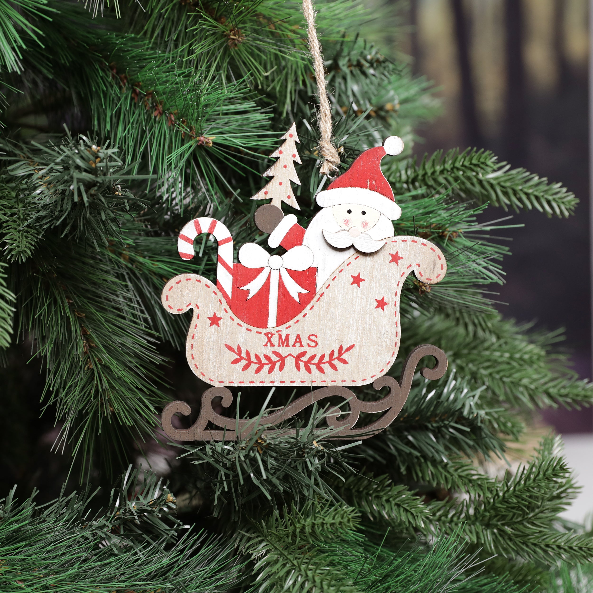 Festive Wooden Santa's Sleigh Tree Decoration