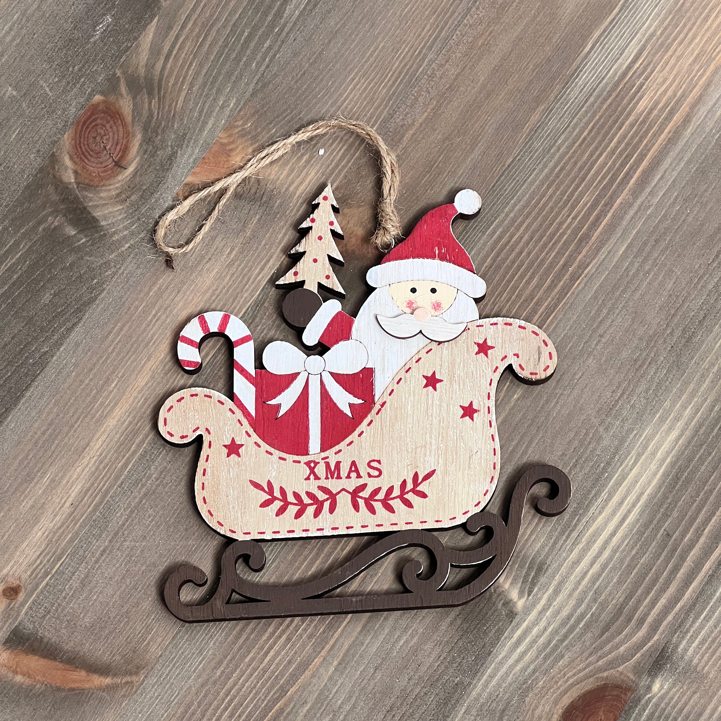 Festive Wooden Santa's Sleigh Tree Decoration
