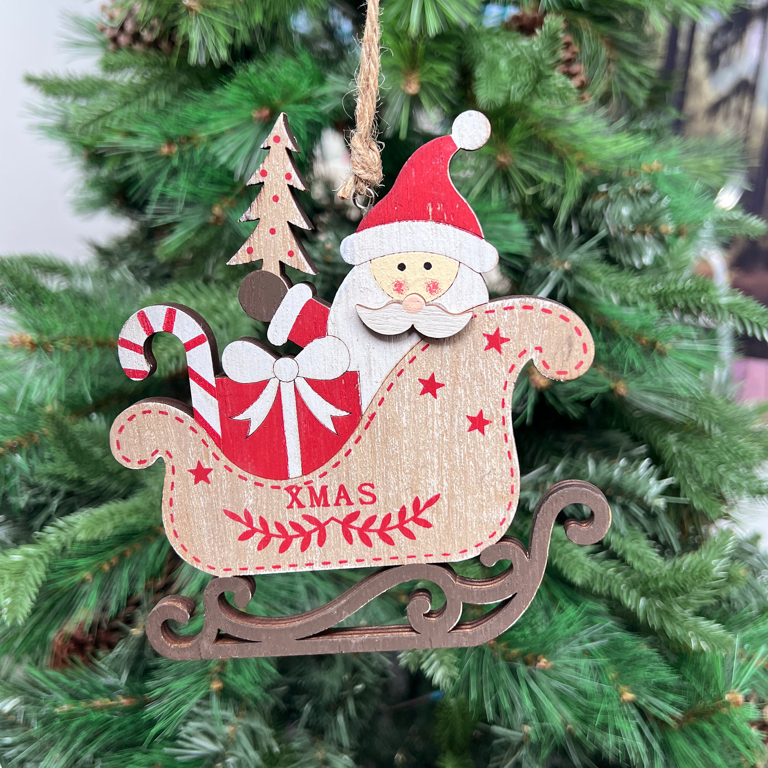 Festive Wooden Santa's Sleigh Tree Decoration