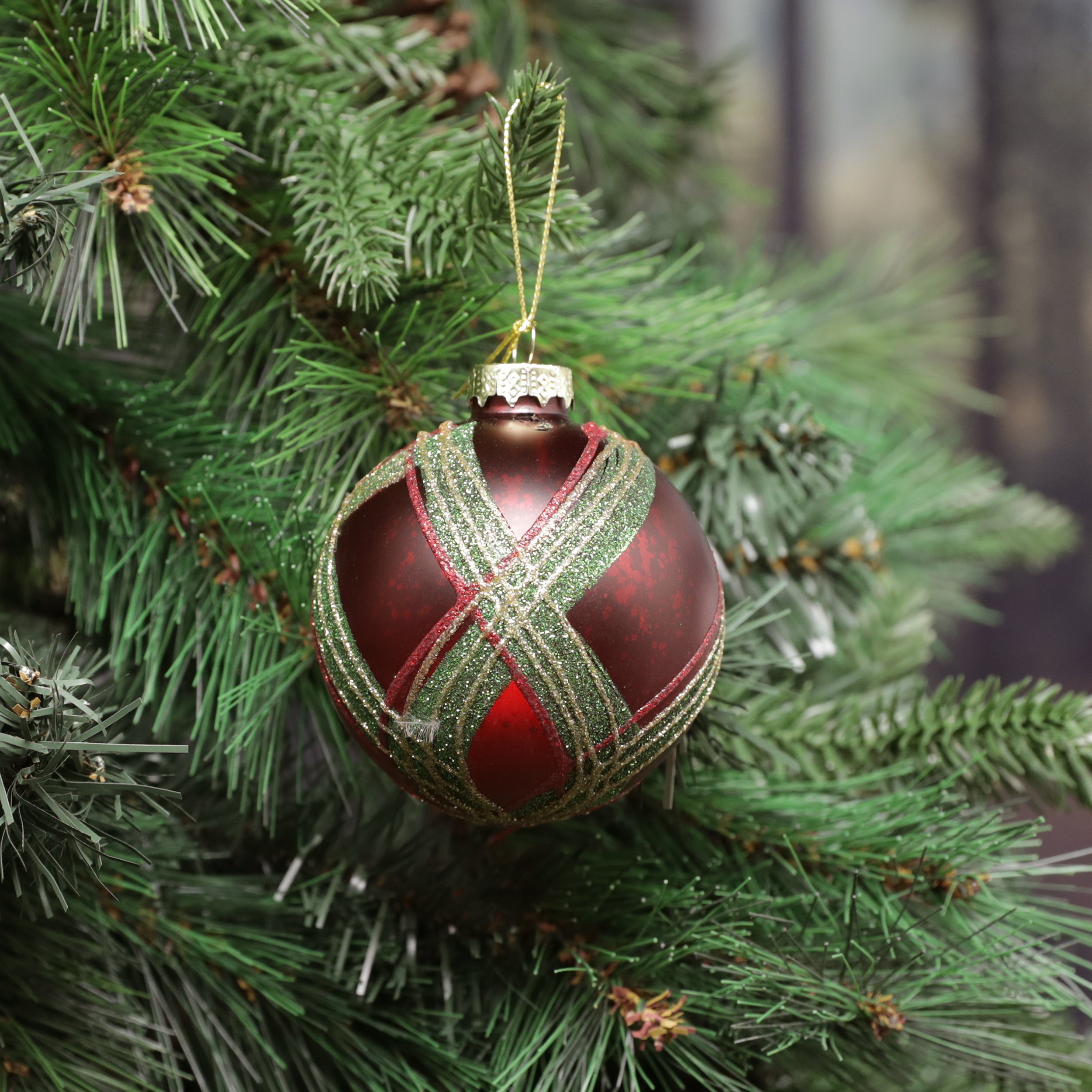 Festive Burgundy/Green Check Glass Ball - 8cm