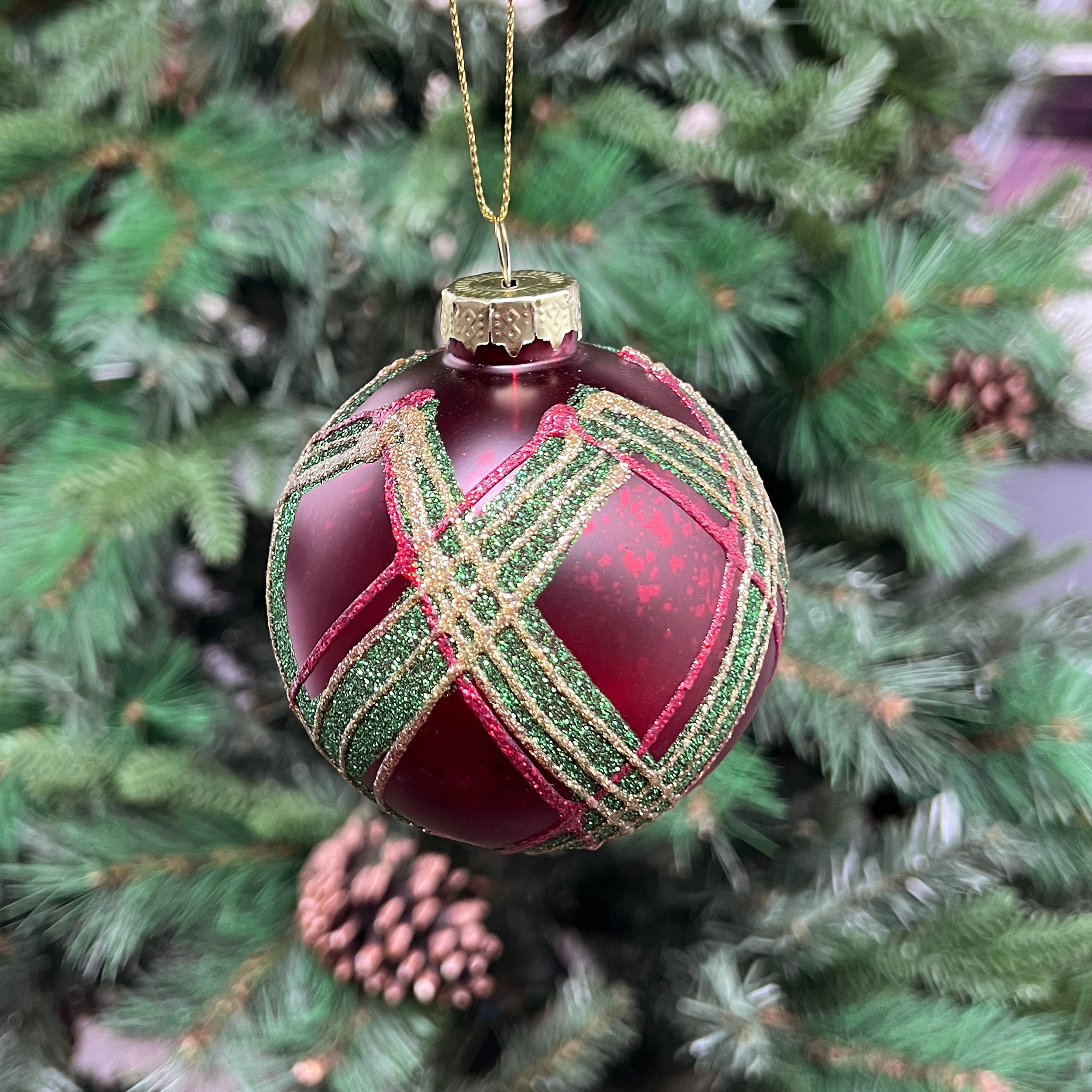 Festive Burgundy/Green Check Glass Ball - 8cm