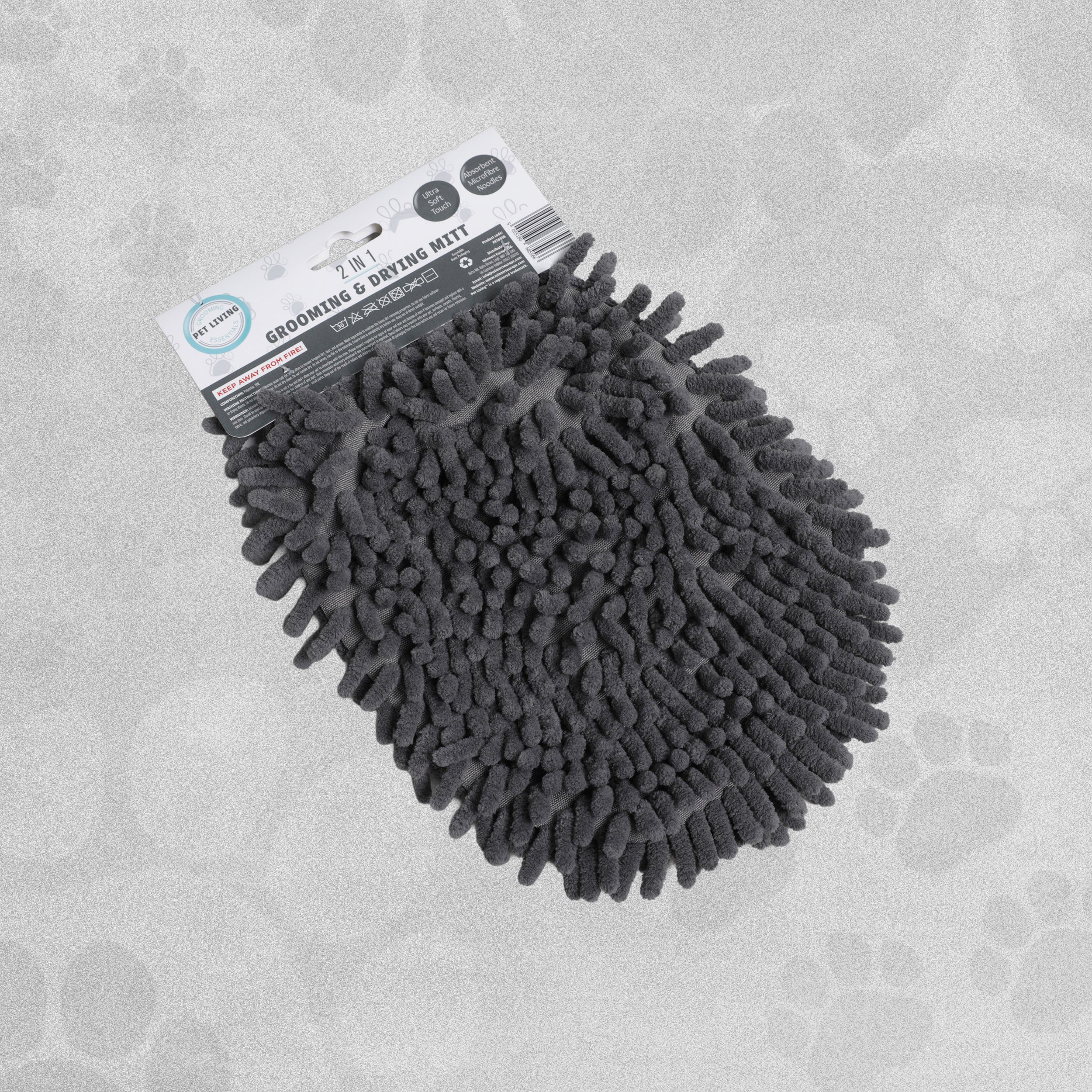 Pet Living 2 In 1 Grooming & Drying Mitt - Grey / Blue