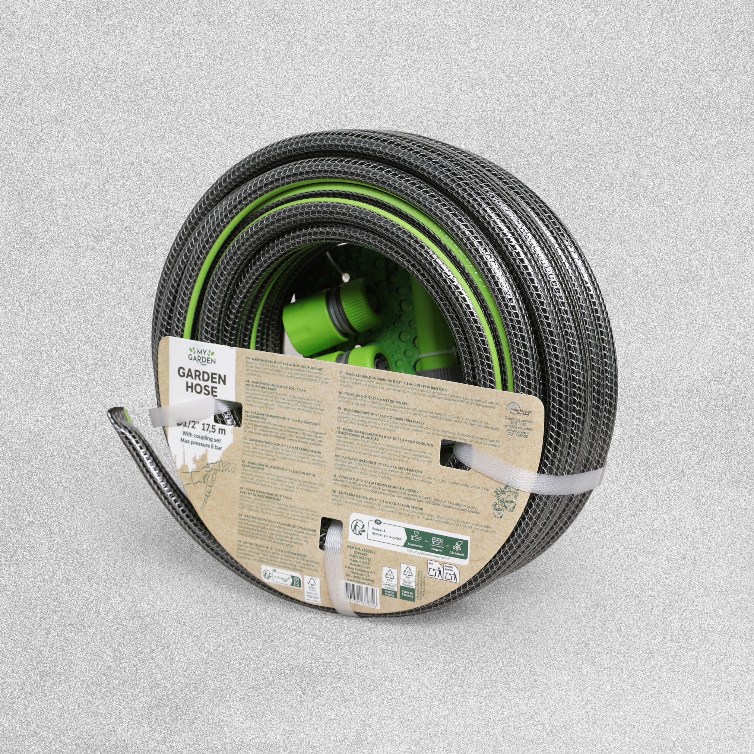 Flexible garden hose 17.5 M reinforced PVC 8 bar set of 4 tips