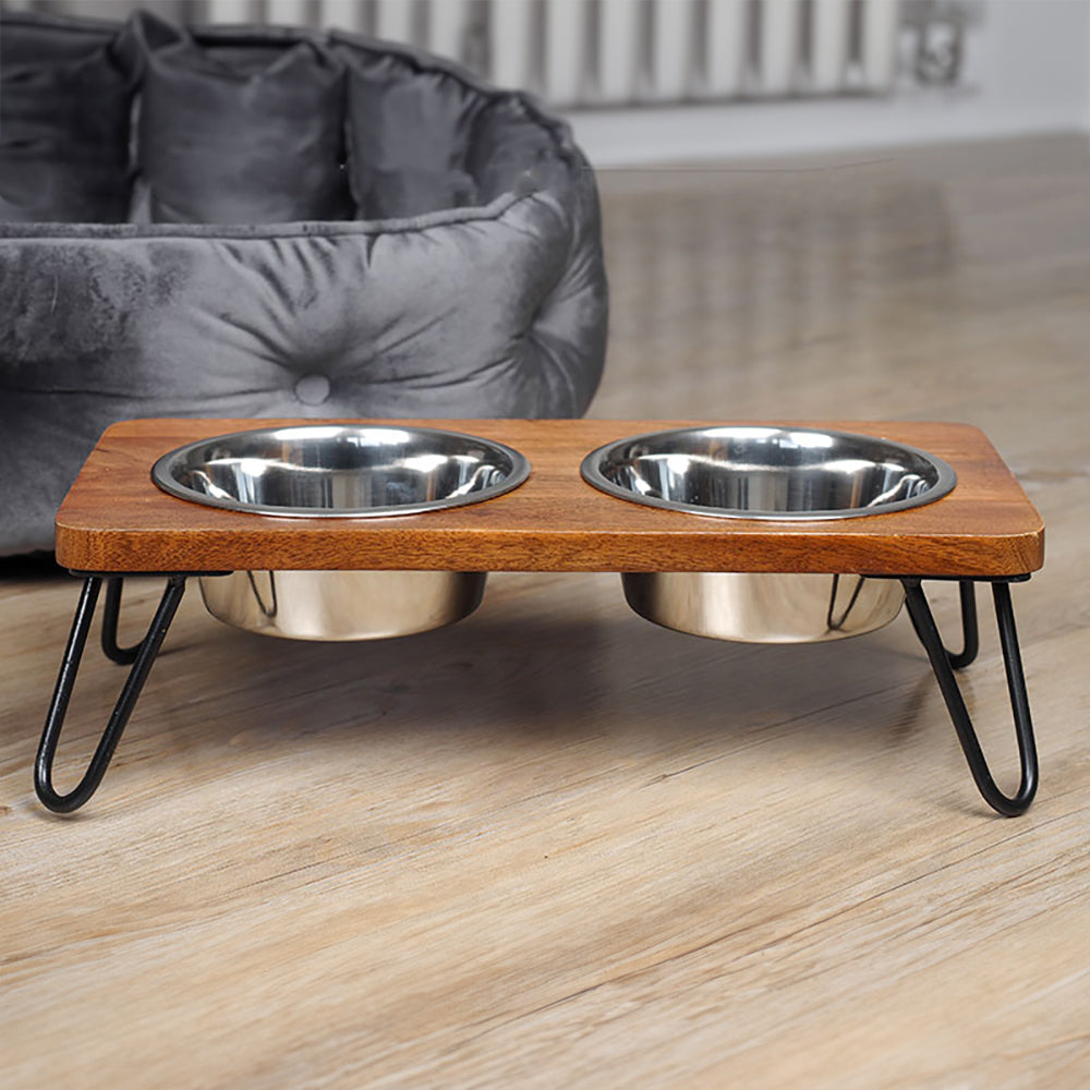 Zoon Double Diner - 2 Stainless Steel Bowls in Wooden Stand