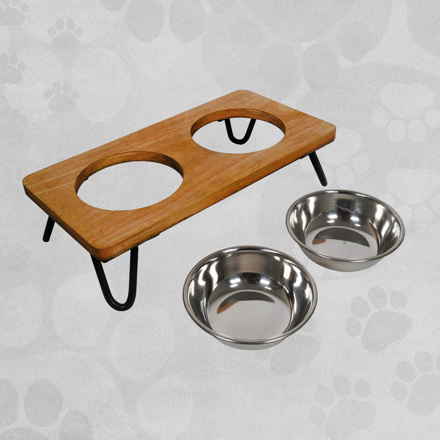 Zoon Double Diner - 2 Stainless Steel Bowls in Wooden Stand