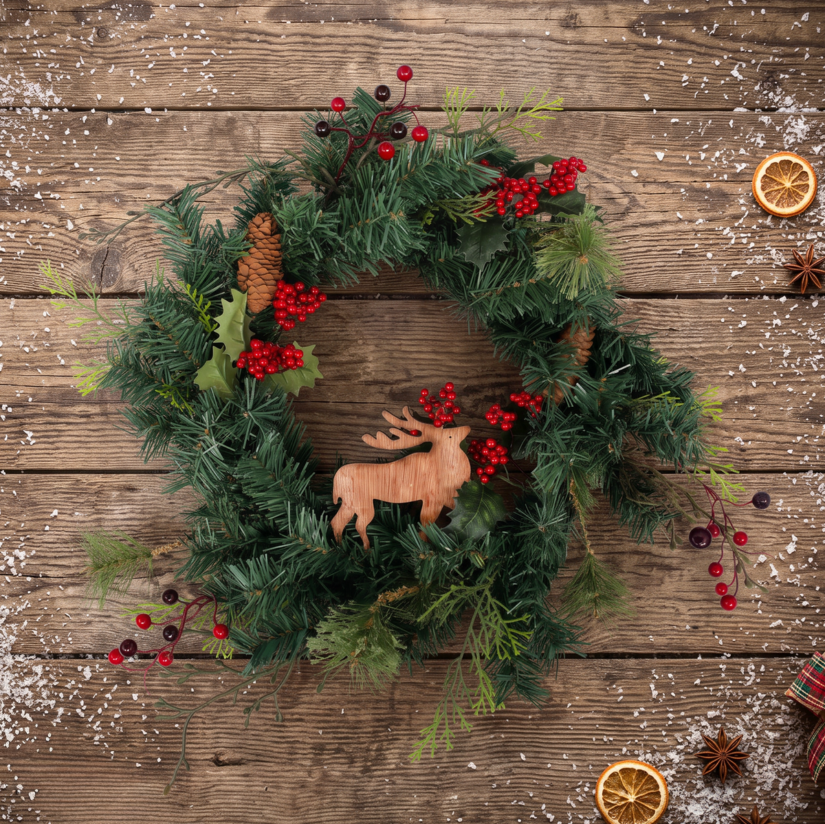 Christmas Spruce Wreath with Reindeer, Cones and Berries - 60cm