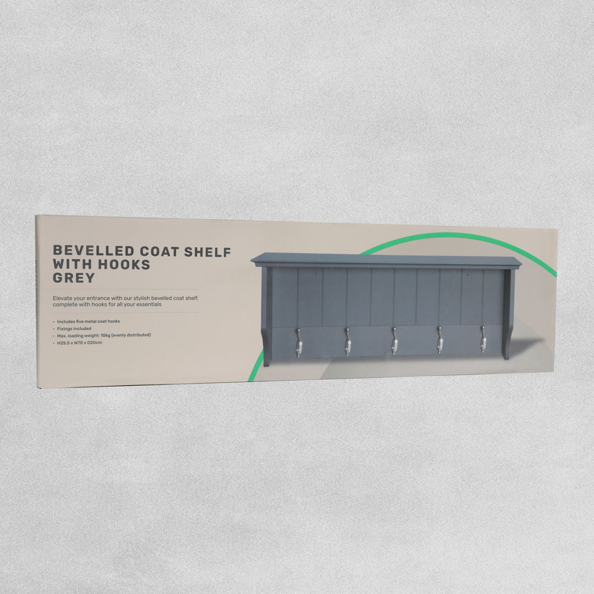 Bevelled Coat Shelf With Hooks H25.5 W70 D20cm White & Grey