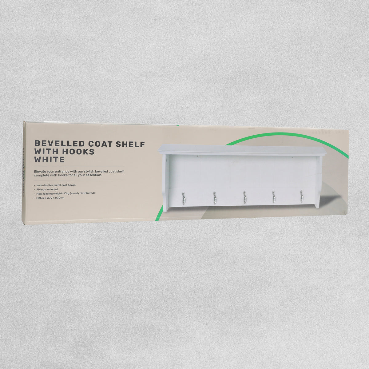 Bevelled Coat Shelf With Hooks H25.5 W70 D20cm White & Grey