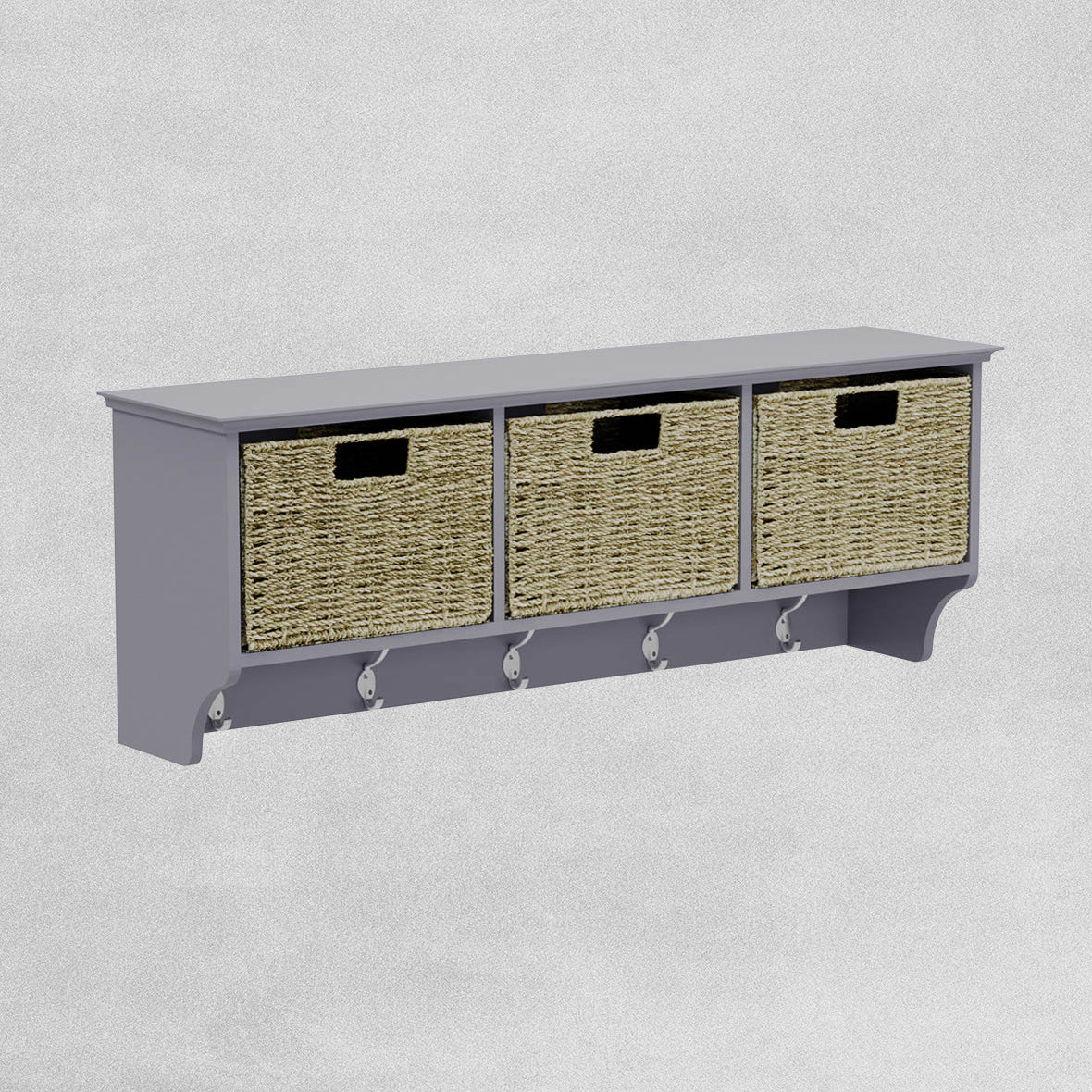 Bevelled Coat Shelf with Baskets and Hooks H33 W90 D22cm Grey