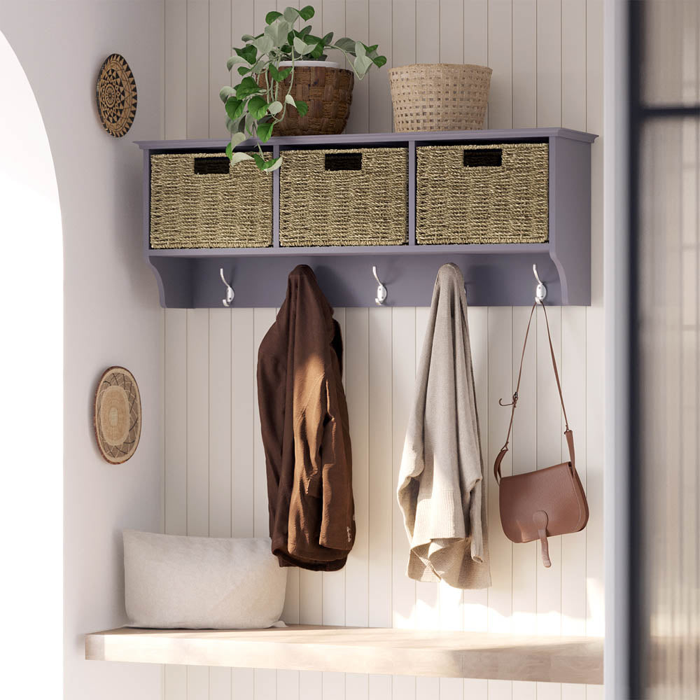 Bevelled Coat Shelf with Baskets and Hooks H33 W90 D22cm Grey