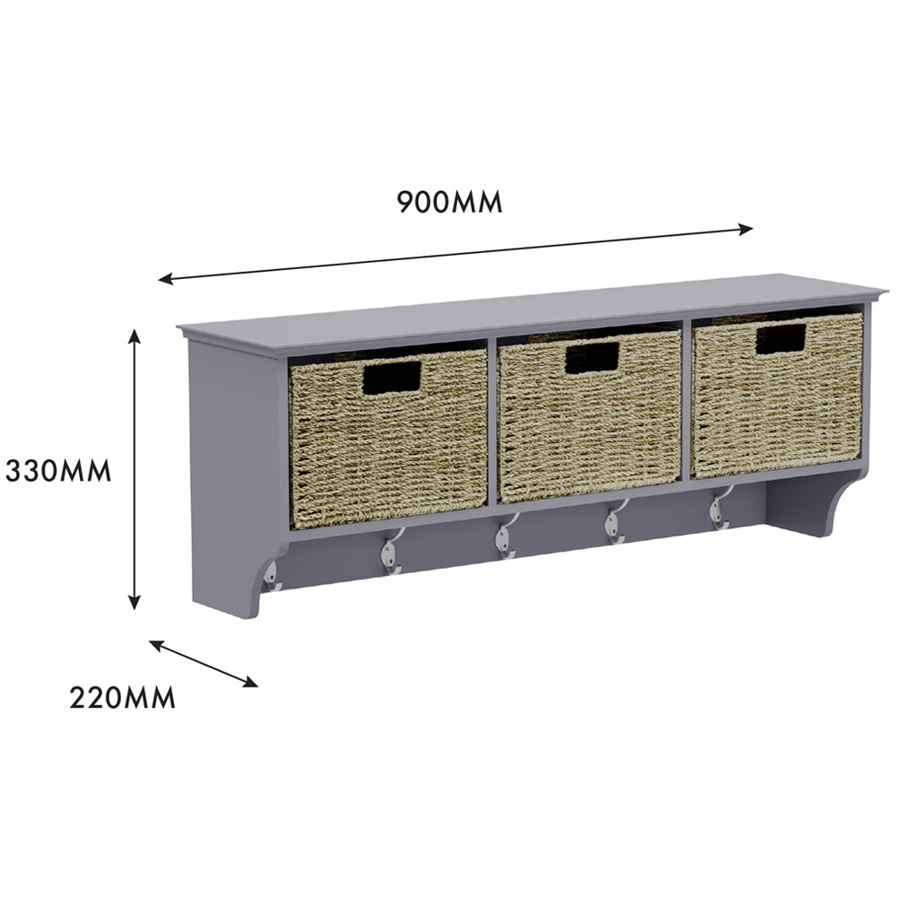 Bevelled Coat Shelf with Baskets and Hooks H33 W90 D22cm Grey