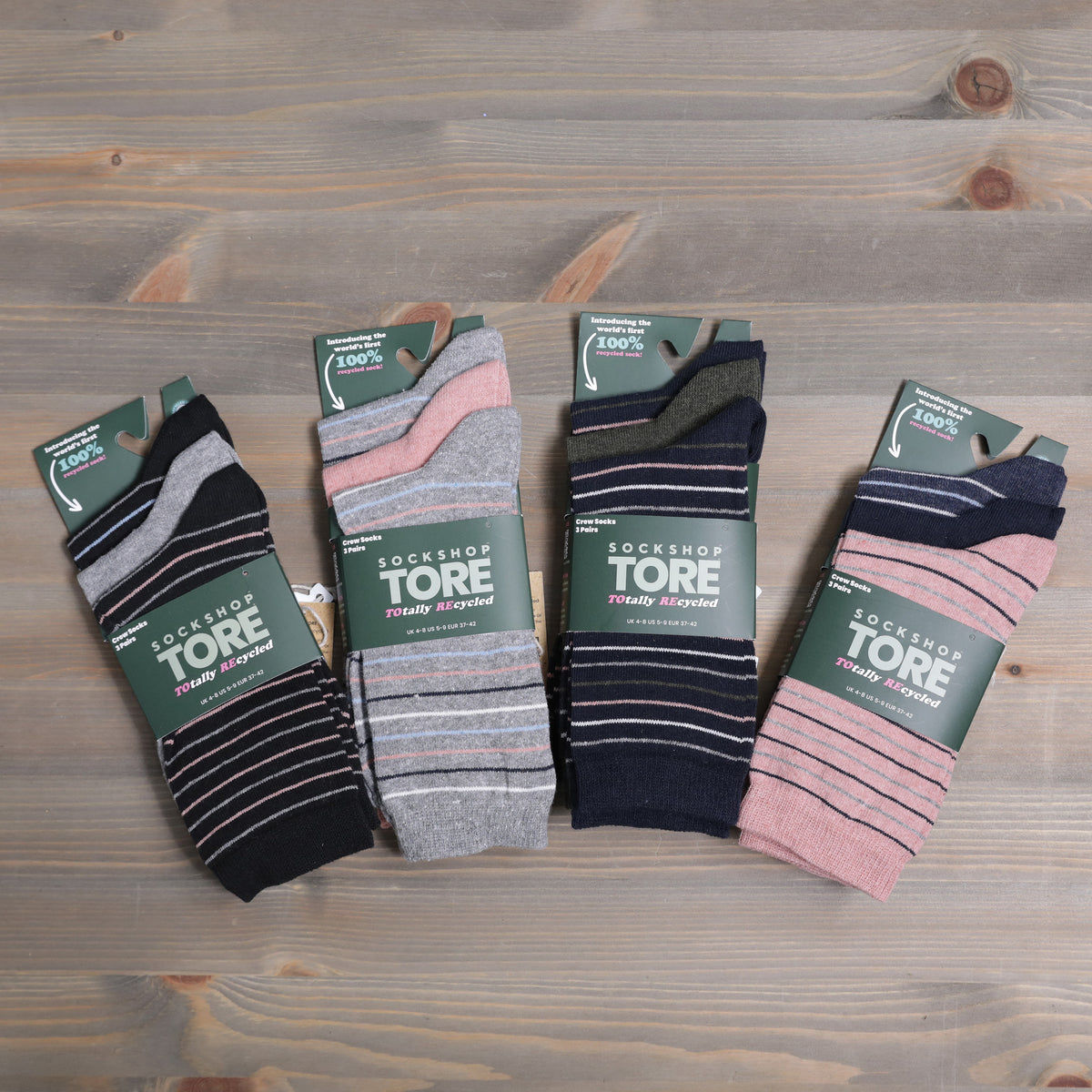 Sockshop Tore Crew Socks Fine Stripes 3 Pairs Ladies 4-8 Various Colours