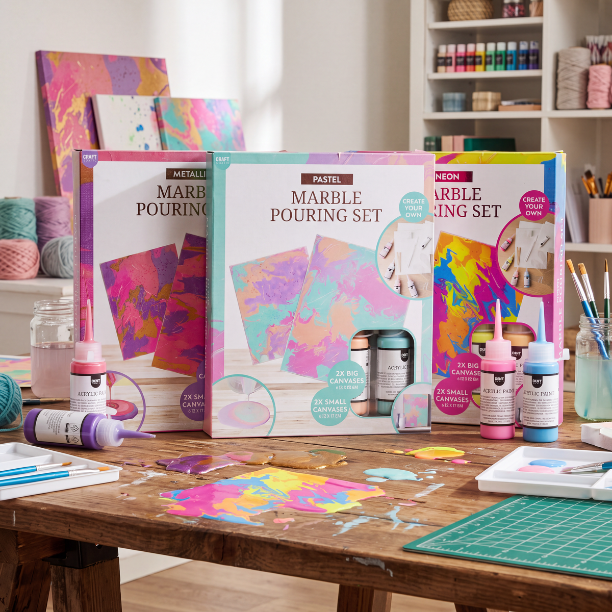 Craft World Marble Pouring Kit with Canvases - available in Metallic, Neon & Pastel