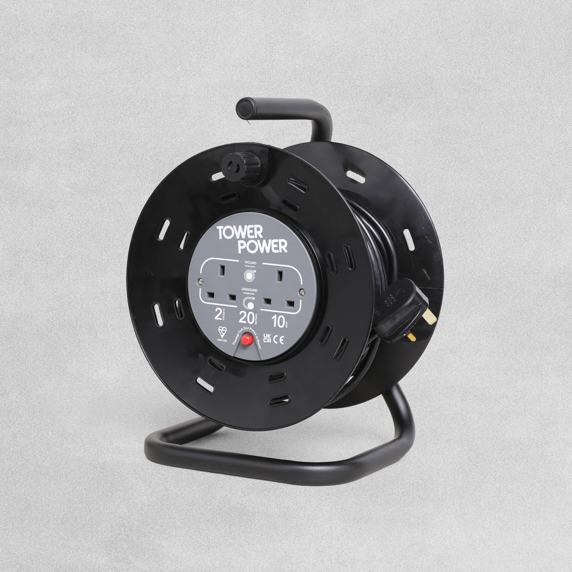 Tower Power Extension Cable Reel 2 Socket 10Amp 20 Metre with Thermal Safety Cut Out