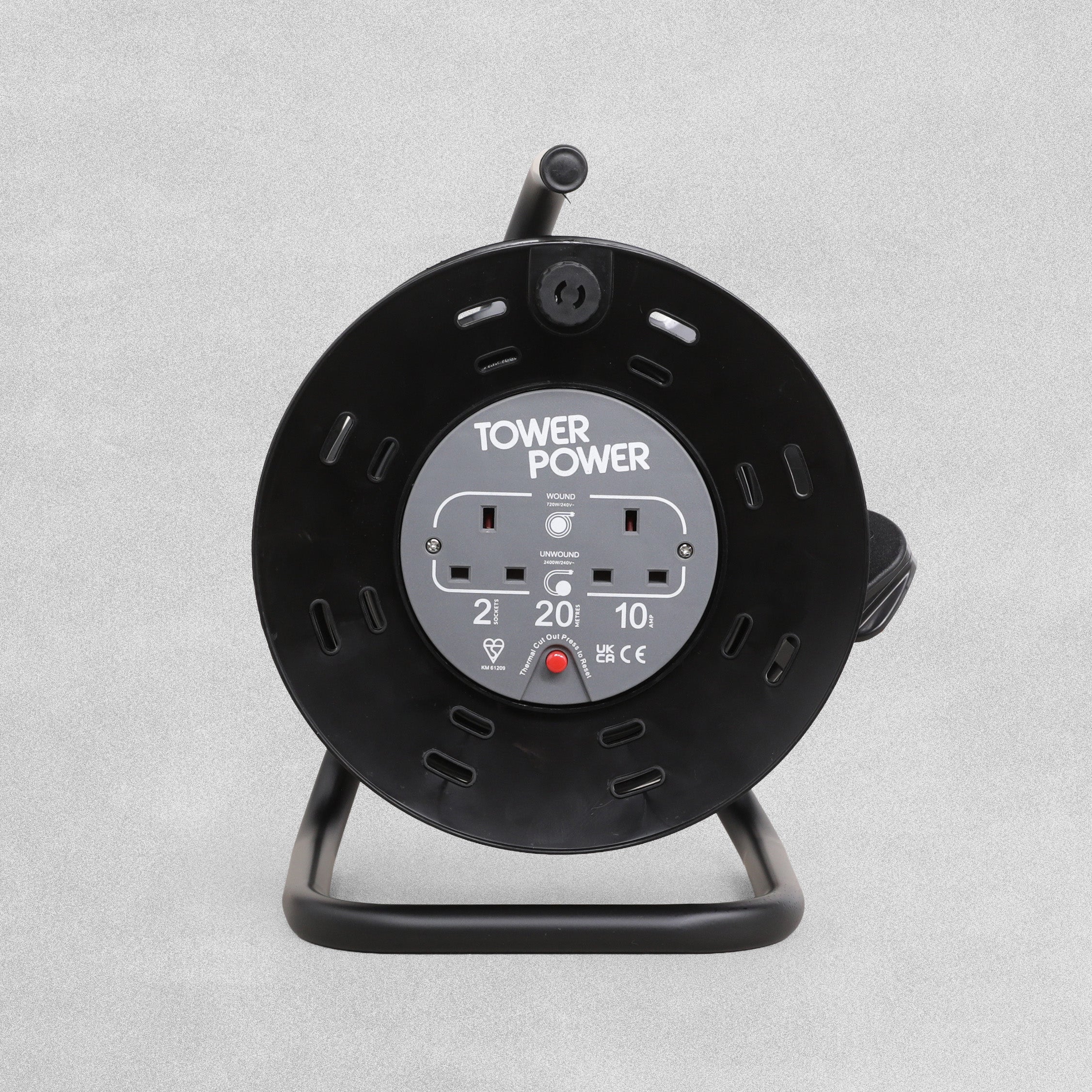 Tower Power Extension Cable Reel 2 Socket 10Amp 20 Metre with Thermal Safety Cut Out