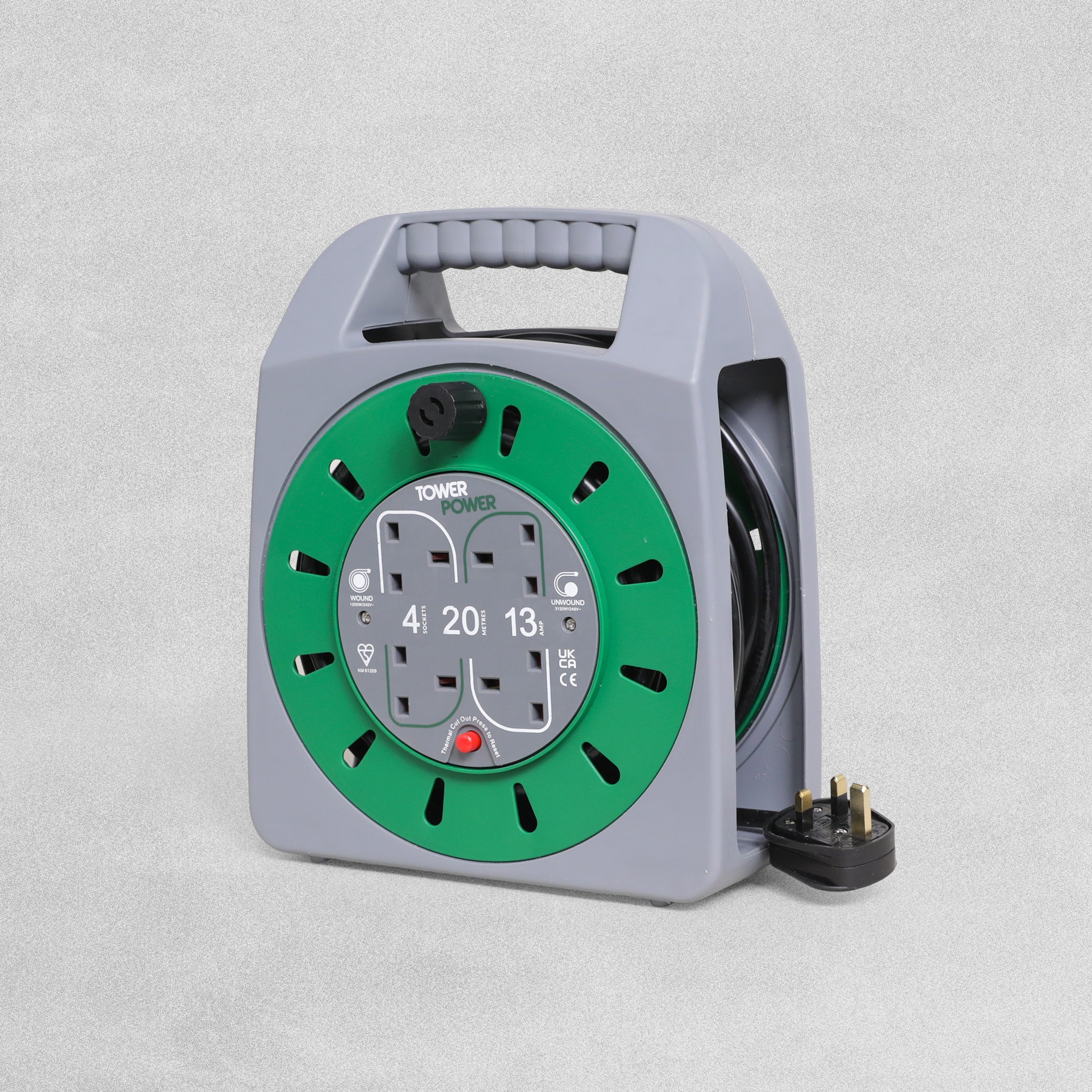 Tower Power 4 Socket 13 Amp Cable Reel Case with Thermal Safety Cut Out 20 & 15M