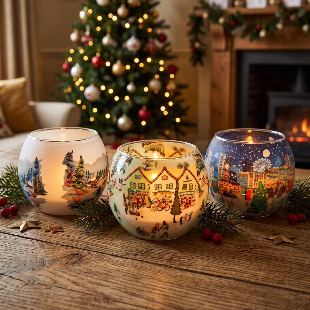 Christmas Scenes Glass Tealight Candle Holders - Various designs