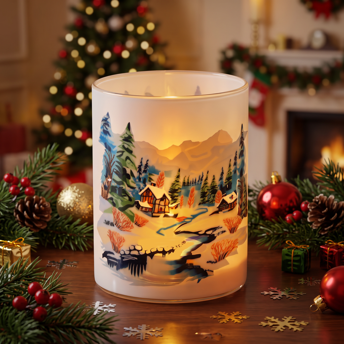 Christmas Scene LED light up Glass Decoration