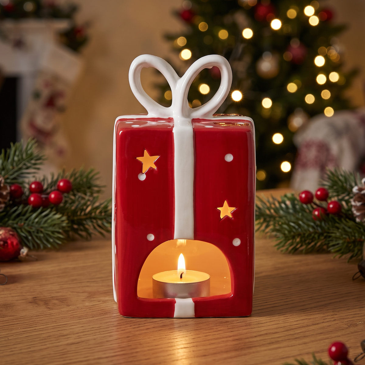 Ceramic Christmas Present Tealight Holder