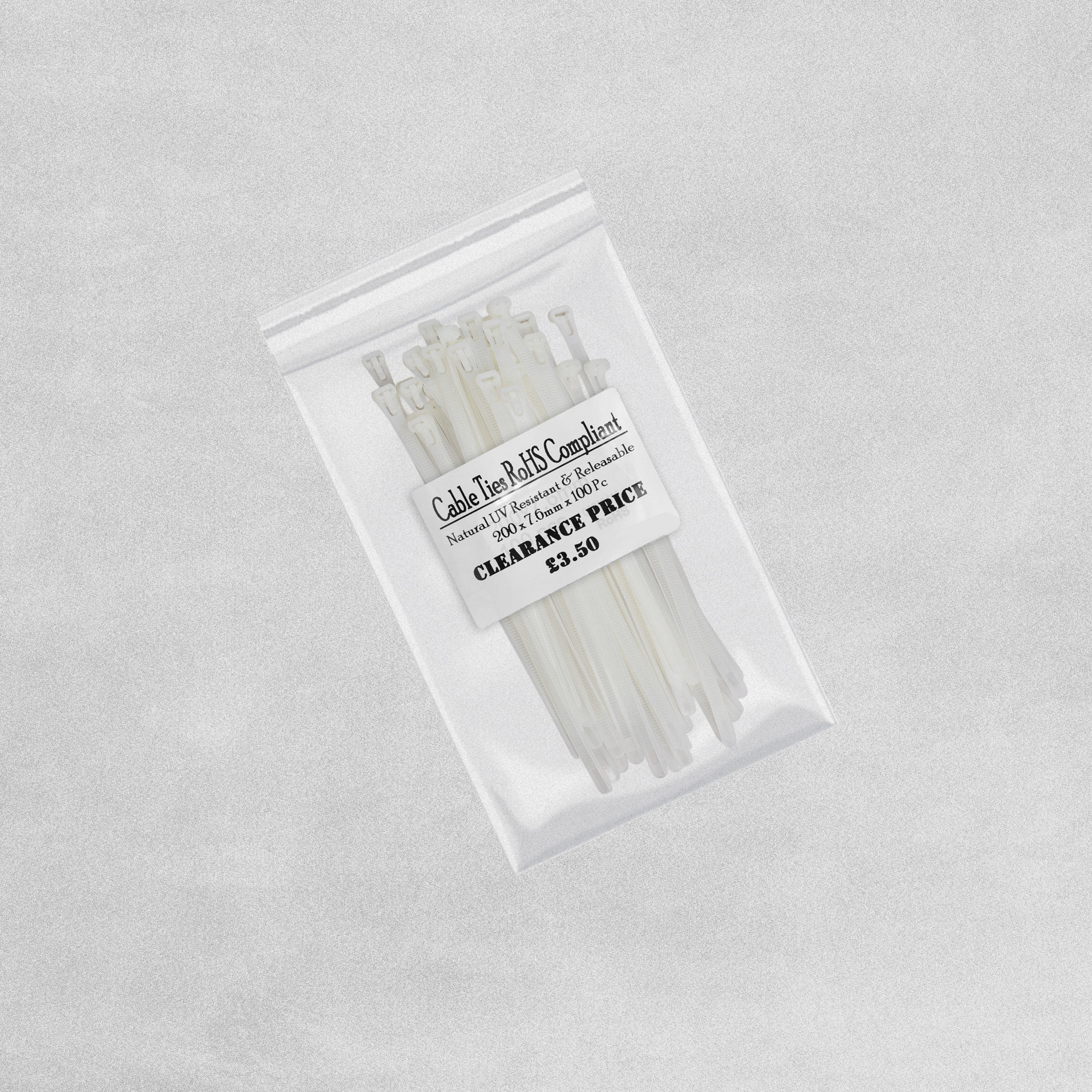 Clearance Cable Ties 200 x 7.6mm - Natural UV Resistant and Releasable - 100pcs